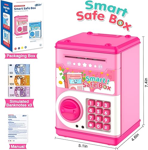 Miniatura 5 de PhilaeEC - Alcancía rosa para niños con bloqueo de código de contraseña y ranura para billetes de agarre automático, caja de ahorro de dinero real,