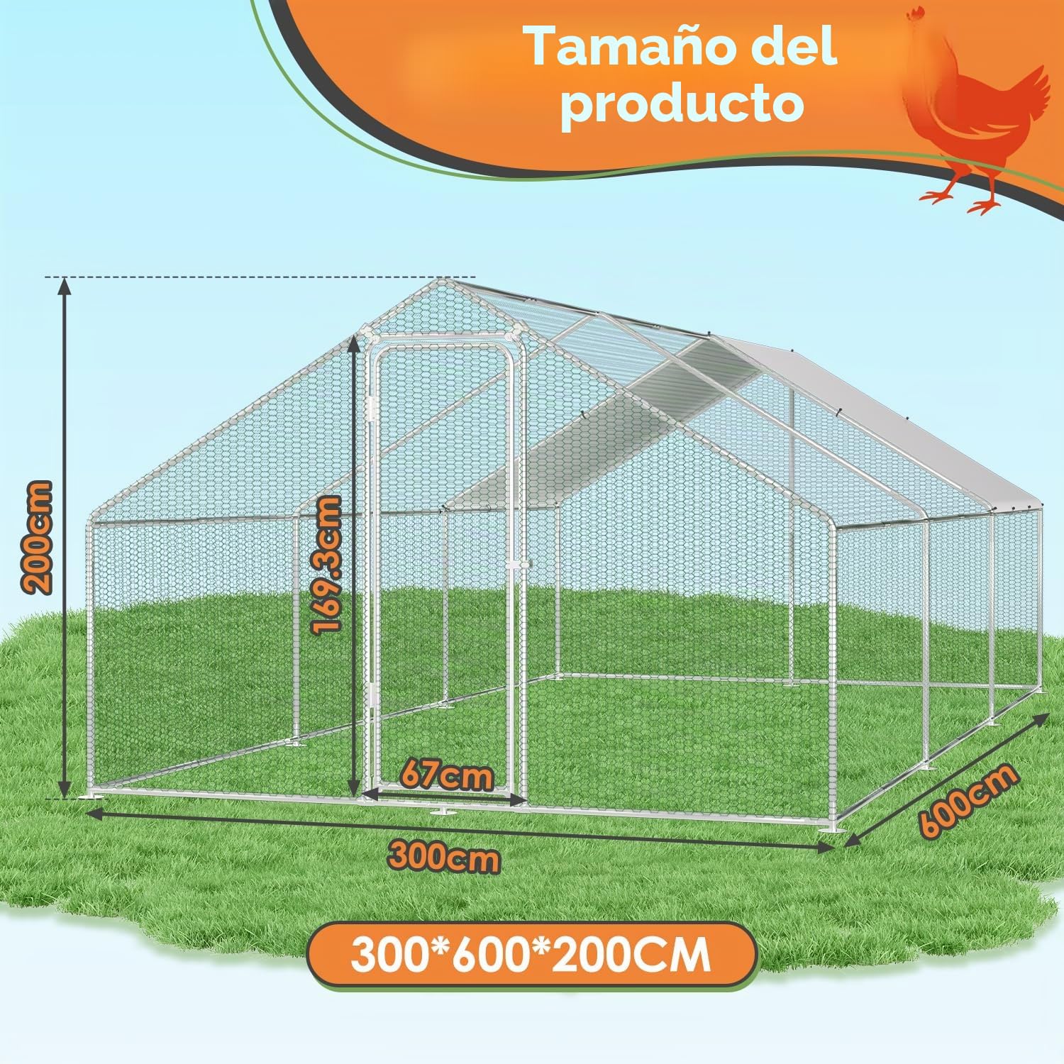Herrselsam Gallinero para Gallinas Ponedoras para Exteriores, 3x6x2m Gallinero para Exteriores con Marco Galvanizado, Recinto con Cubierta de Tela Impermeable, Cerradura, para Pollos, Patos y Conejos
