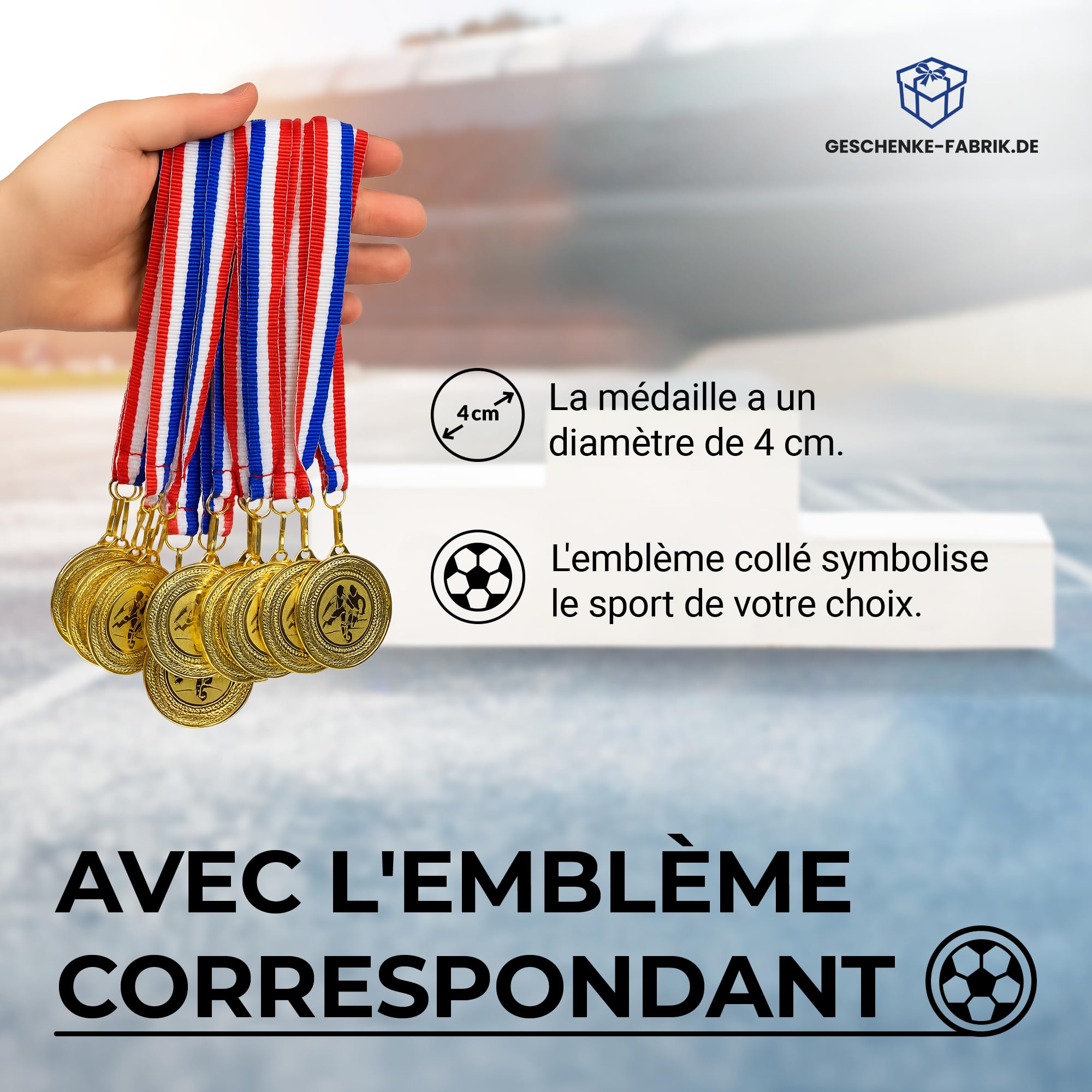 Pokal-Fabrik – Lot de 10 médailles de Football dorées en métal avec Ruban Bleu-Blanc-Rouge – Médailles pour Enfants, Clubs et Tournois – Idéal pour Remise de Prix et compétitions