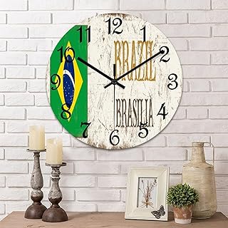 Brazil National Flag Wooden Wall Clock Brazil Brasilia Quiet Digital Round Wall Clock Wood Clock Stylish Wall Decor Home Decor Clock for Dining Room Farmhouse