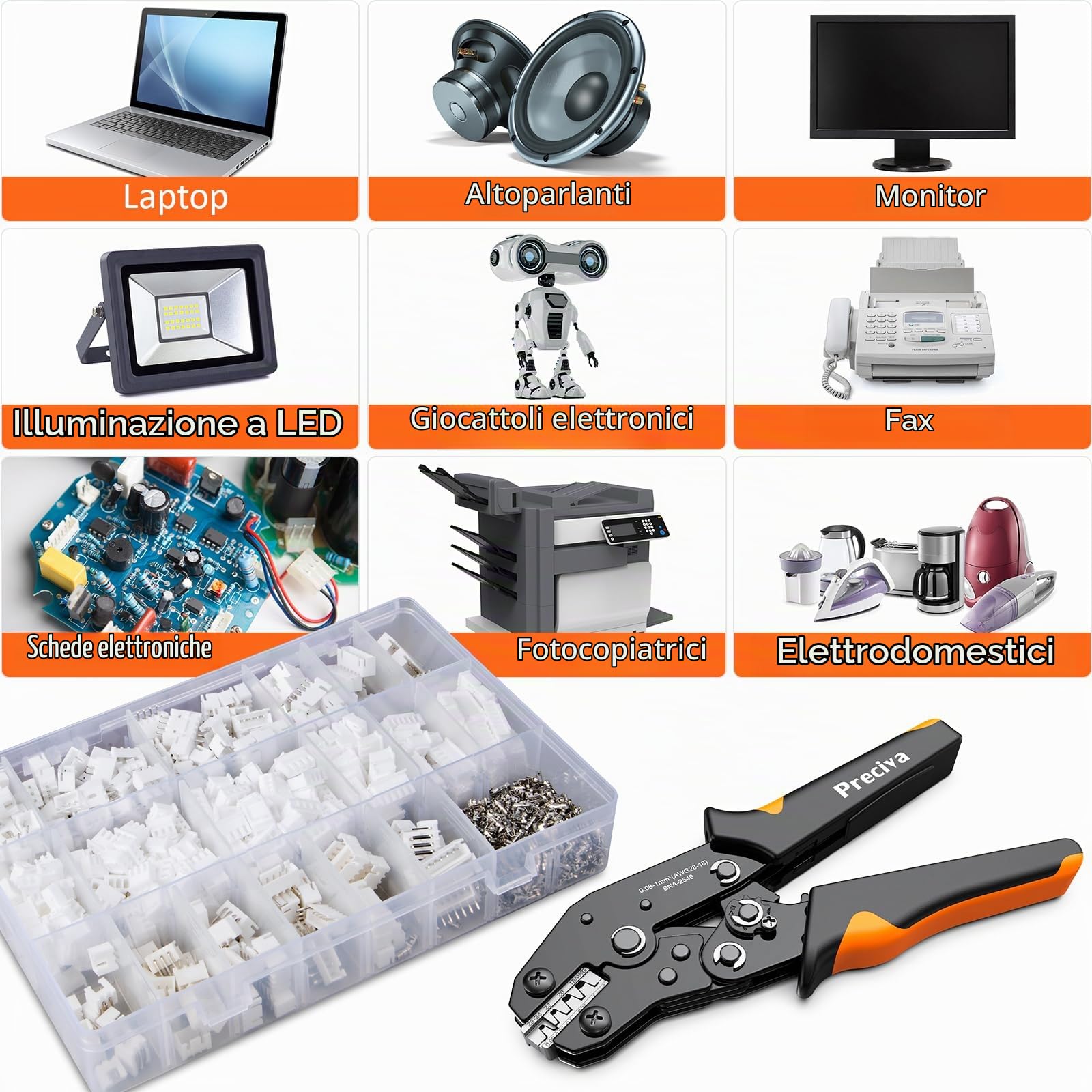 Preciva Kit di pinze per crimpare DuPont,comprendente 1350 connettori da 0,08-1mm² per connettori a pin JST PH/YH 2,0 mm, XH/C3-R 2,54 mm,JST/Molex IDE(5559)/ATX(5557) ecc