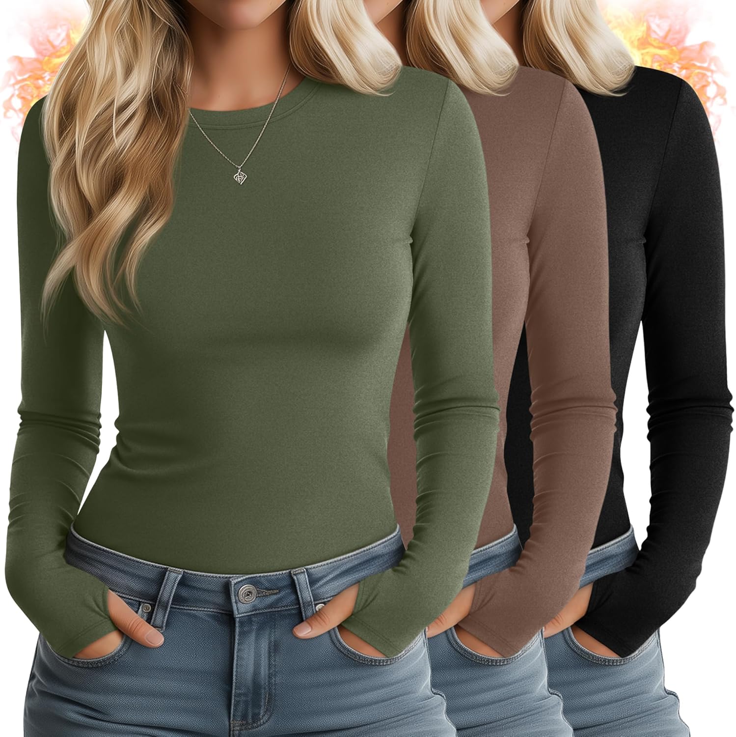 Huukeay 3 Pack Women's Thermal Shirts with Thumb Holes Long Sleeve Basic Tops Slim Fit T-Shirts Casual Soft Fleece Layer