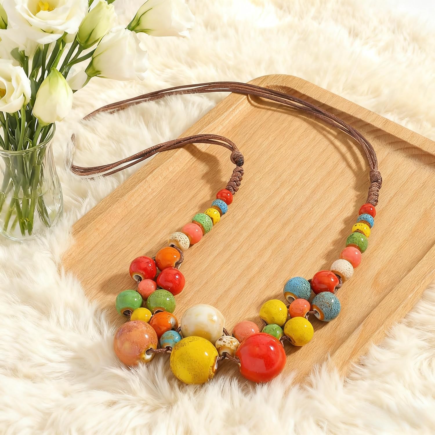 Boho Braided Round Ceramic Beaded Necklace for Women, Unique Statement Chunky Beads Strand Summer Beach Vacation Bohemian Jewelry - Image 2