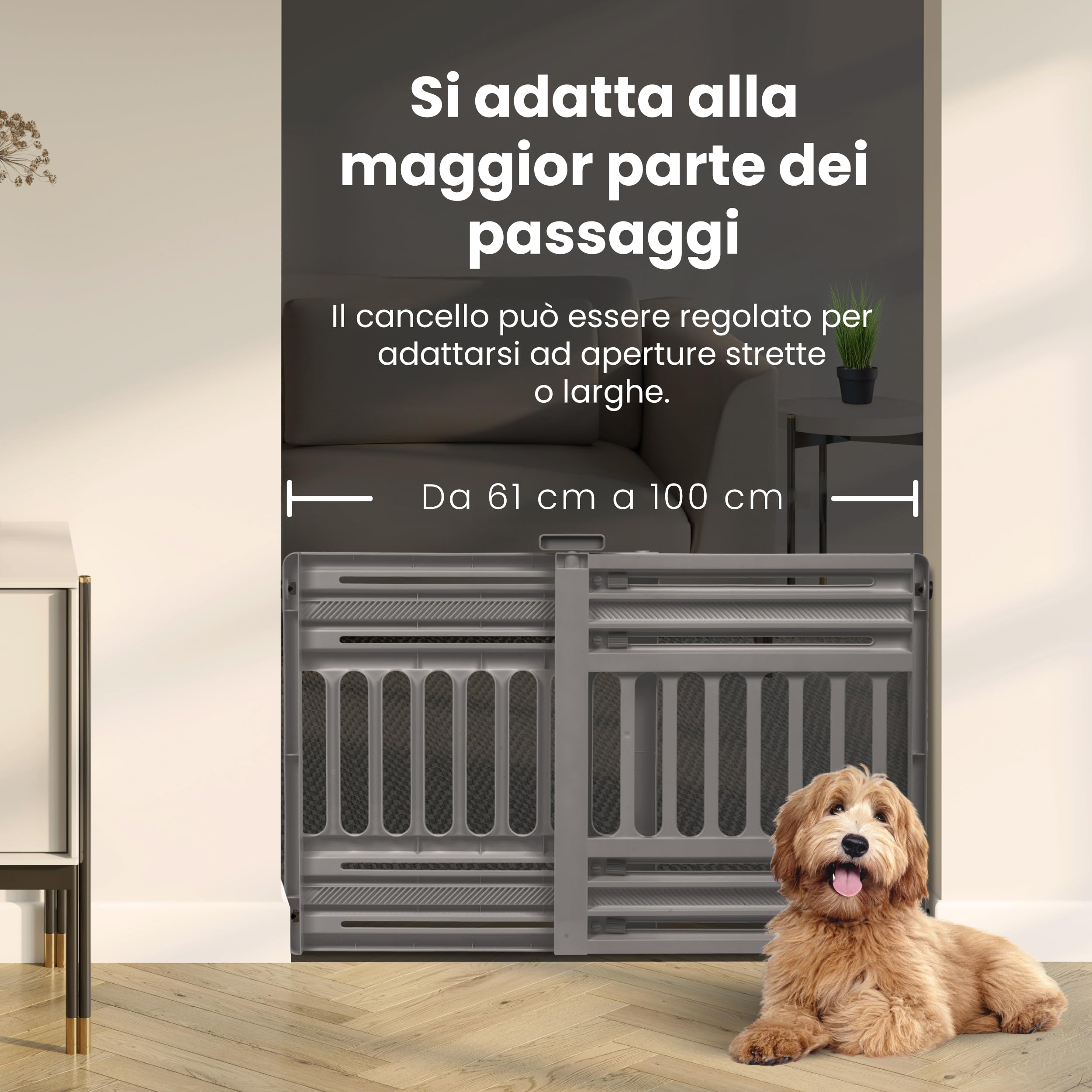 Iris Ohyama, Barriera, Recinzione di Sicurezza per Scale in Plastica (PP) per Cani, Gatti, L61 x P5 x A64 cm, Estensibile, Senza Foratura, Corridoio, Cucina, PBR-600, Grigio