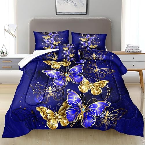 Miniatura 7 de Move Over Juego de edredón de mariposa azul, tamaño Queen, juego de ropa de cama de 4 piezas con patrón de mariposa azul dorado, juego de edredón