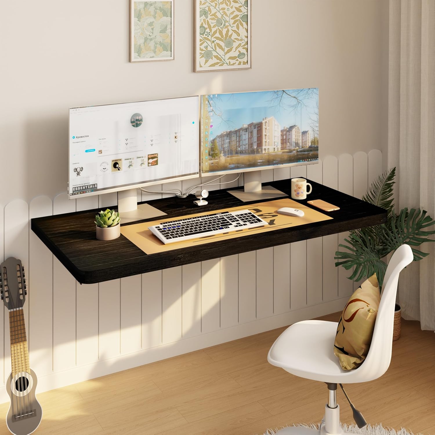 IAE Floating Wall Mounted Folding Table Desk with Pine Wood,36" x 22" Folding Workbench,Fold Down wall Mounted FoldableTable with Shelf Brackets,Laundry Folding Table for Apartment,Home,Kitchen,Black