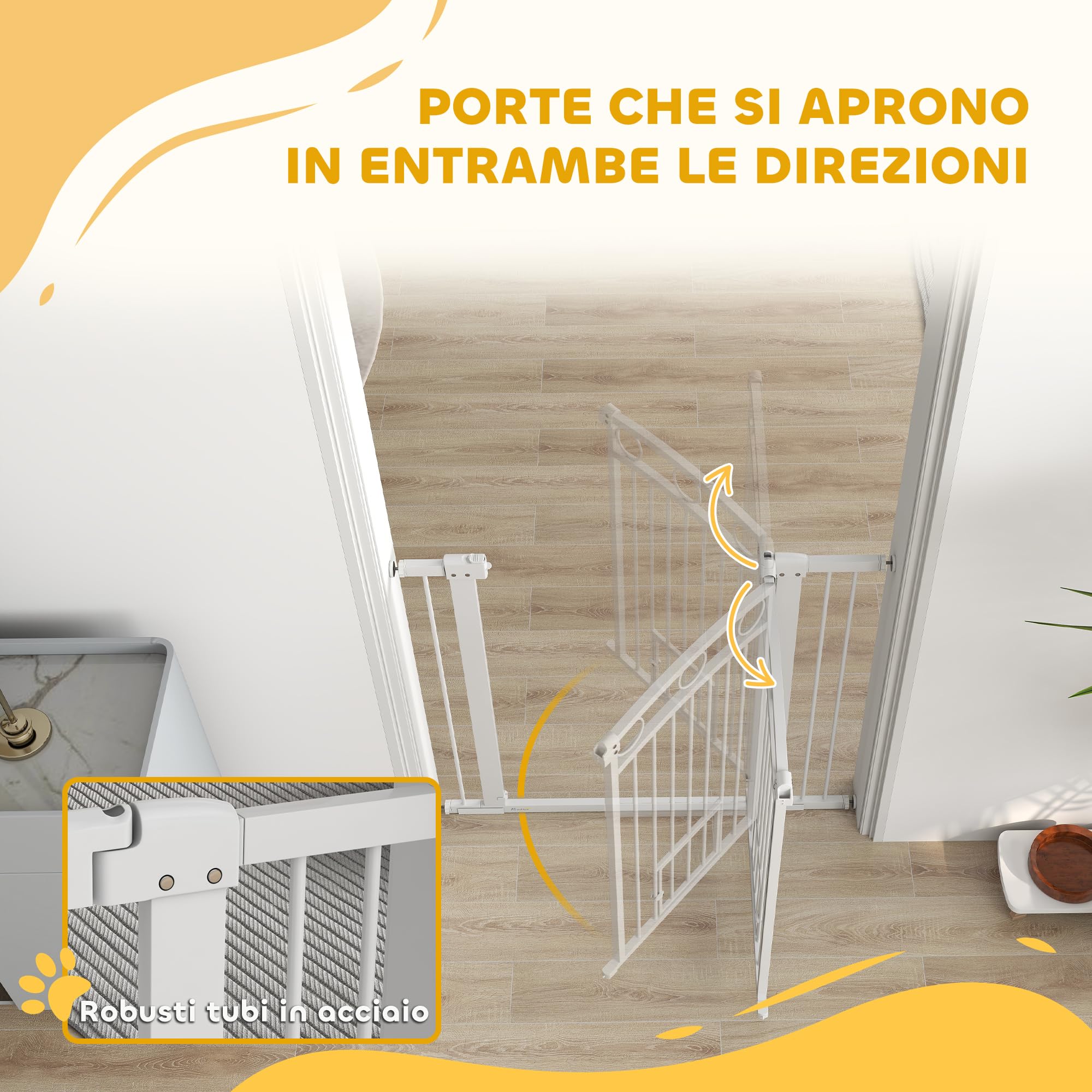 PawHut Cancelletto per Cani da Interno, Cancelletto di Sicurezza con 2 Estensioni 76-104 cm e Porta per Gatti, Cancello per Cani Animali Domestici Alto 106 cm per Corridoio e Scale, Bianco