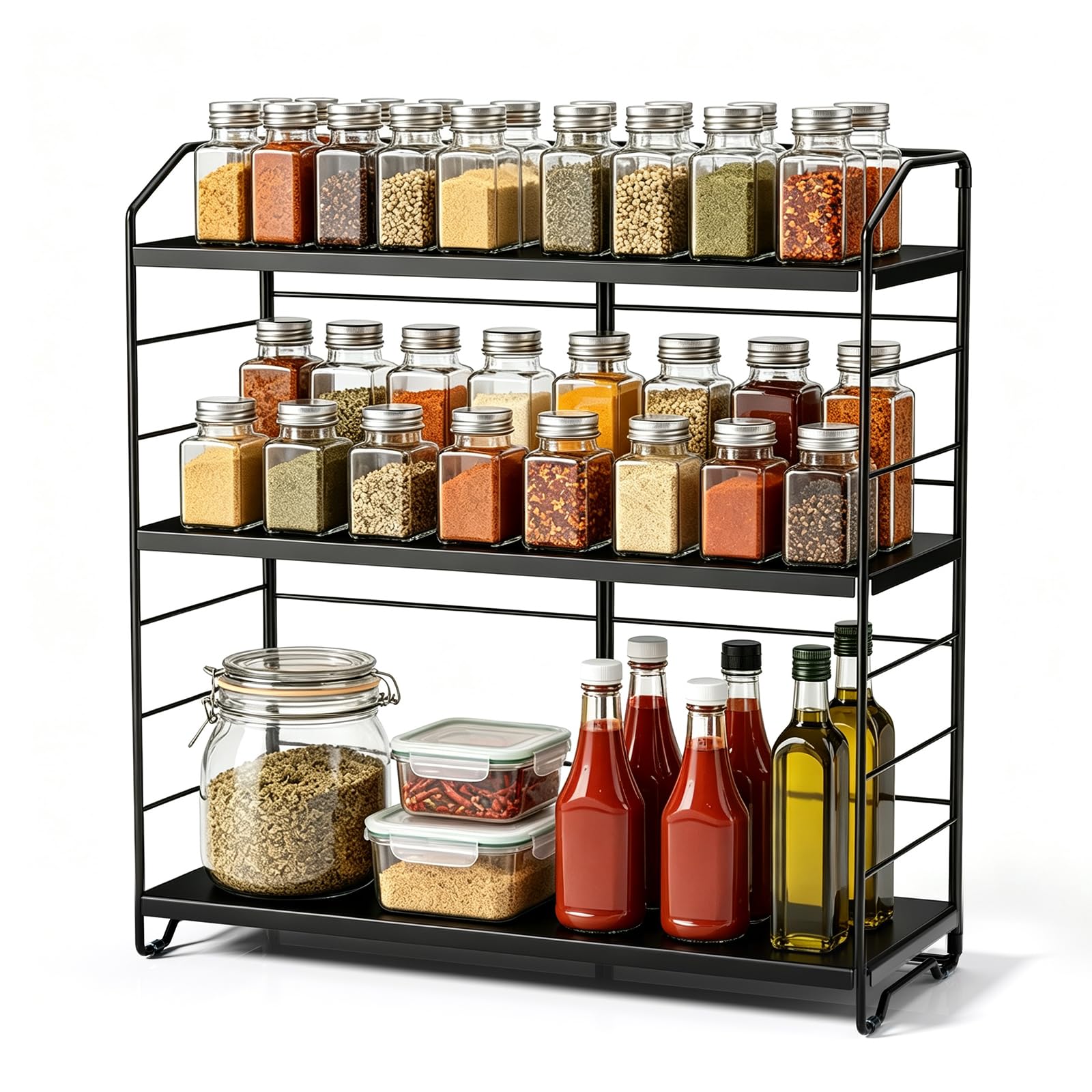 Estante de especias de 3 niveles, organizador de especias independiente, estante de especias de altura ajustable, estante de almacenamiento de condimentos de metal para encimera de cocina