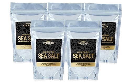 FREZZOR Sal marina escamosa, 7.4 onzas de copos de sal marina gourmet prémium de Nueva Zelanda, 84 minerales y oligoelementos, 100% natural, sal