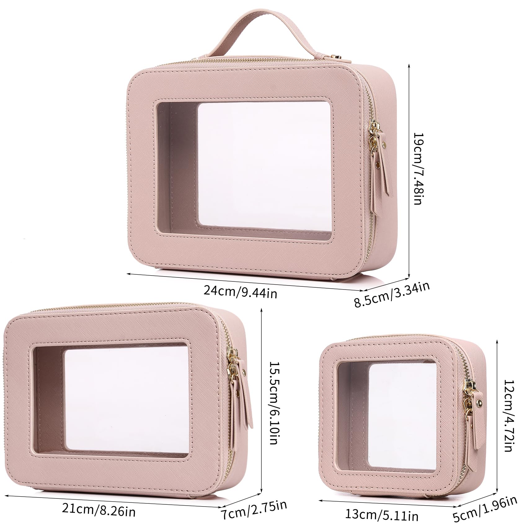 Pinkmik Durchsichtige Make-up-Tasche, transparentes Reise-Set für Kosmetika und Toilettenartikel, Pinseltasche für Damen und transparente Autotasche mit Reißverschluss, D/Rosa, L+M+Mini, Transparentes