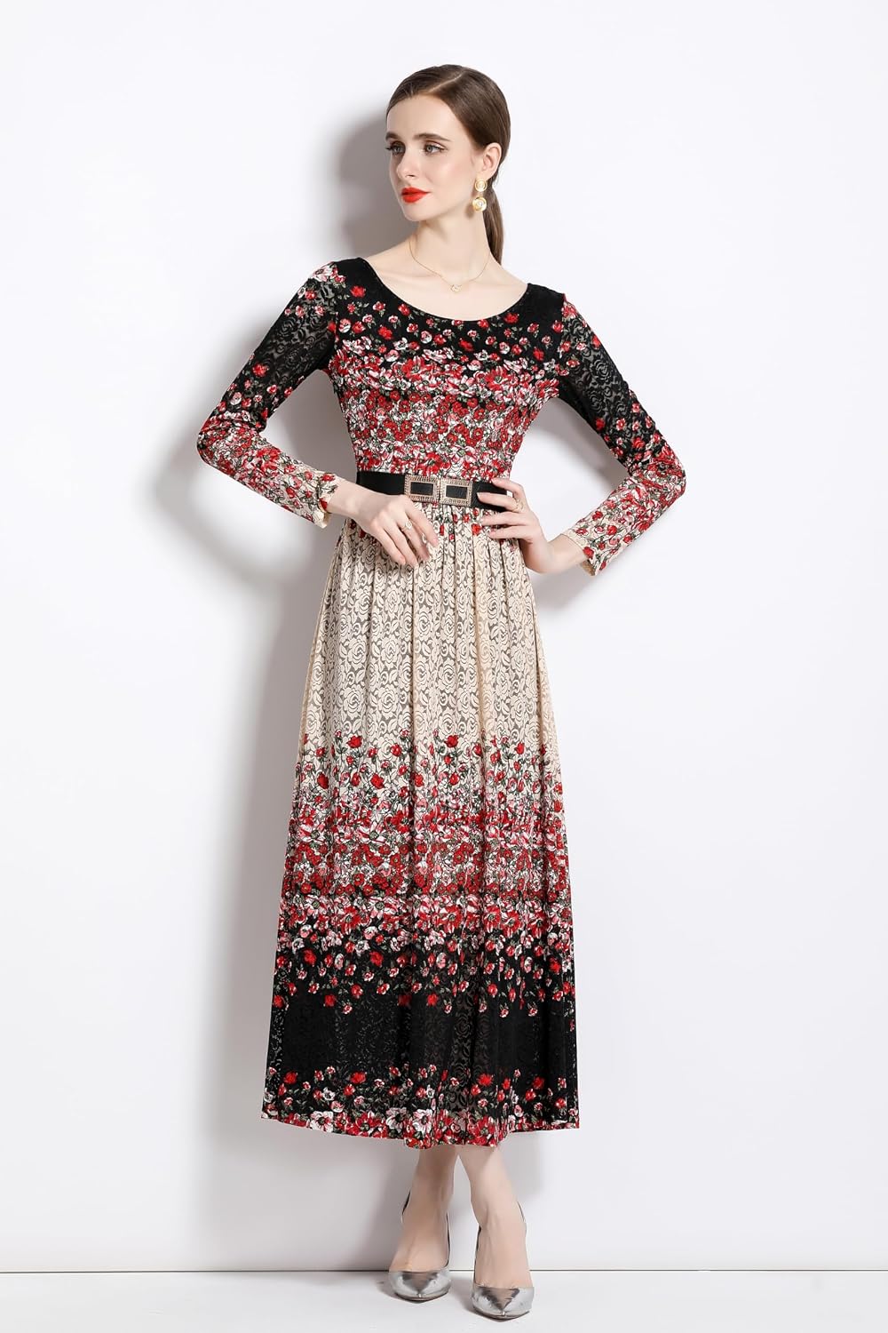 LAI MENG FIVE CATS Women's Lace Floral U Neck Stretchy Wedding Evening Party Maxi Dress with Belt