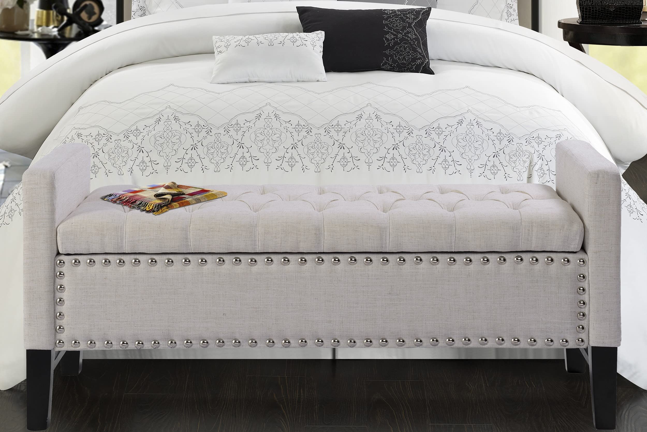 Iconic Home Lance Linen Modern Contemporary Button Tufted with Silver Nailheads Deco on Frame Storage Lid Can Stop At Any Position Bench, Cream White