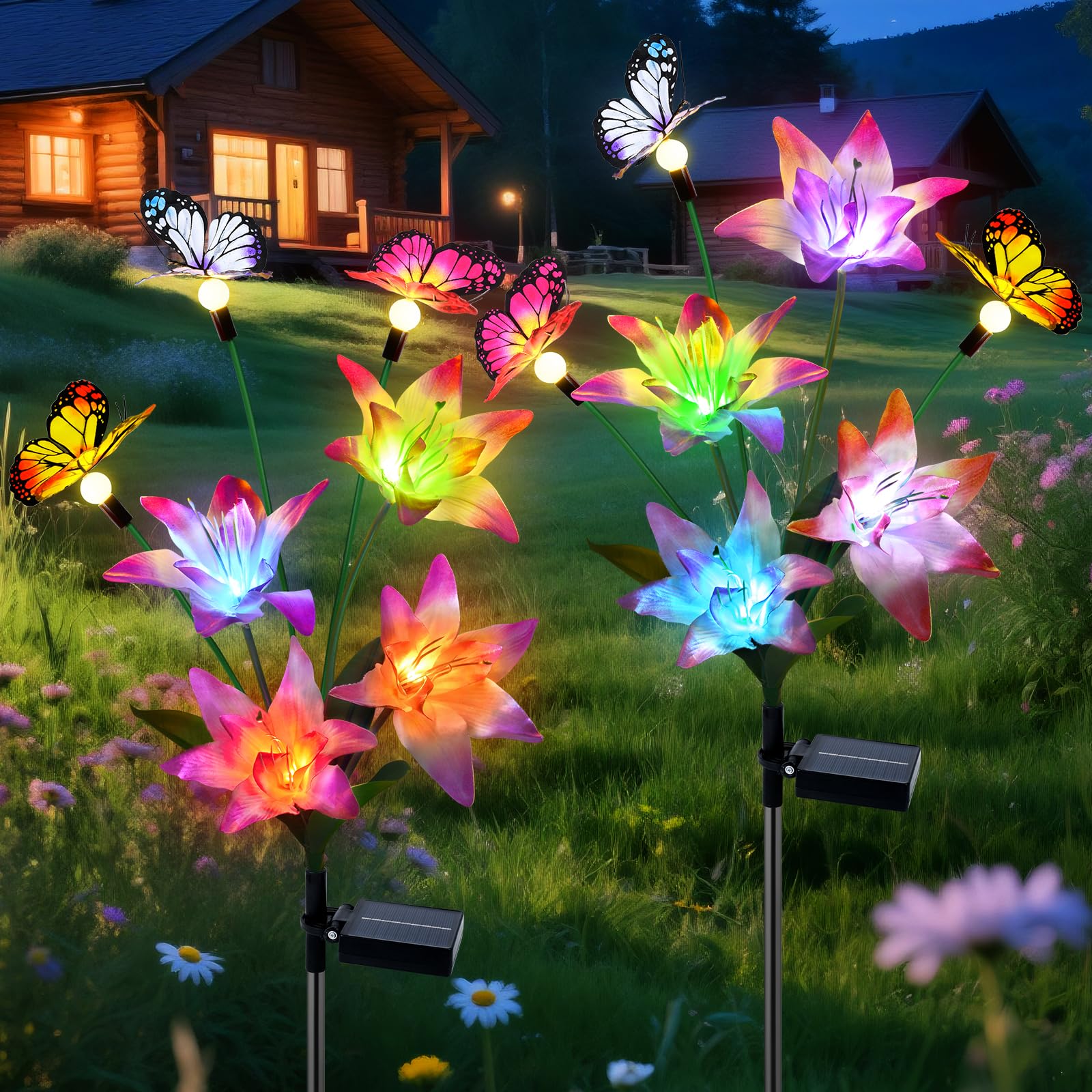 Fohil Solar Lights Outdoor Garden, 2 Pack LED Solar Flower Lights, Lily Flower Butterfly Solar Lights Waterproof Garden Ornaments Outdoor Yard, Patio, Landscape, Walkway Grave Decorations