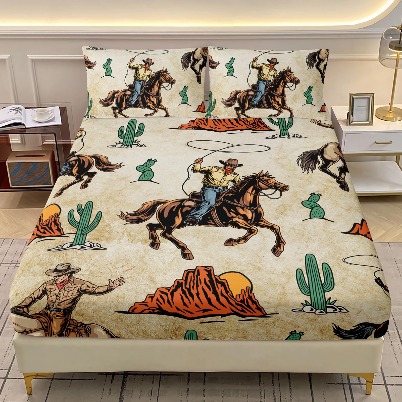AILONEN Western Cowboy Fitted Sheet Full Size, Rodeo Cowboy Riding Bull with Cacti Western Style Bedding Sets for Girls Boys Girls,Ranch Jomon Bed