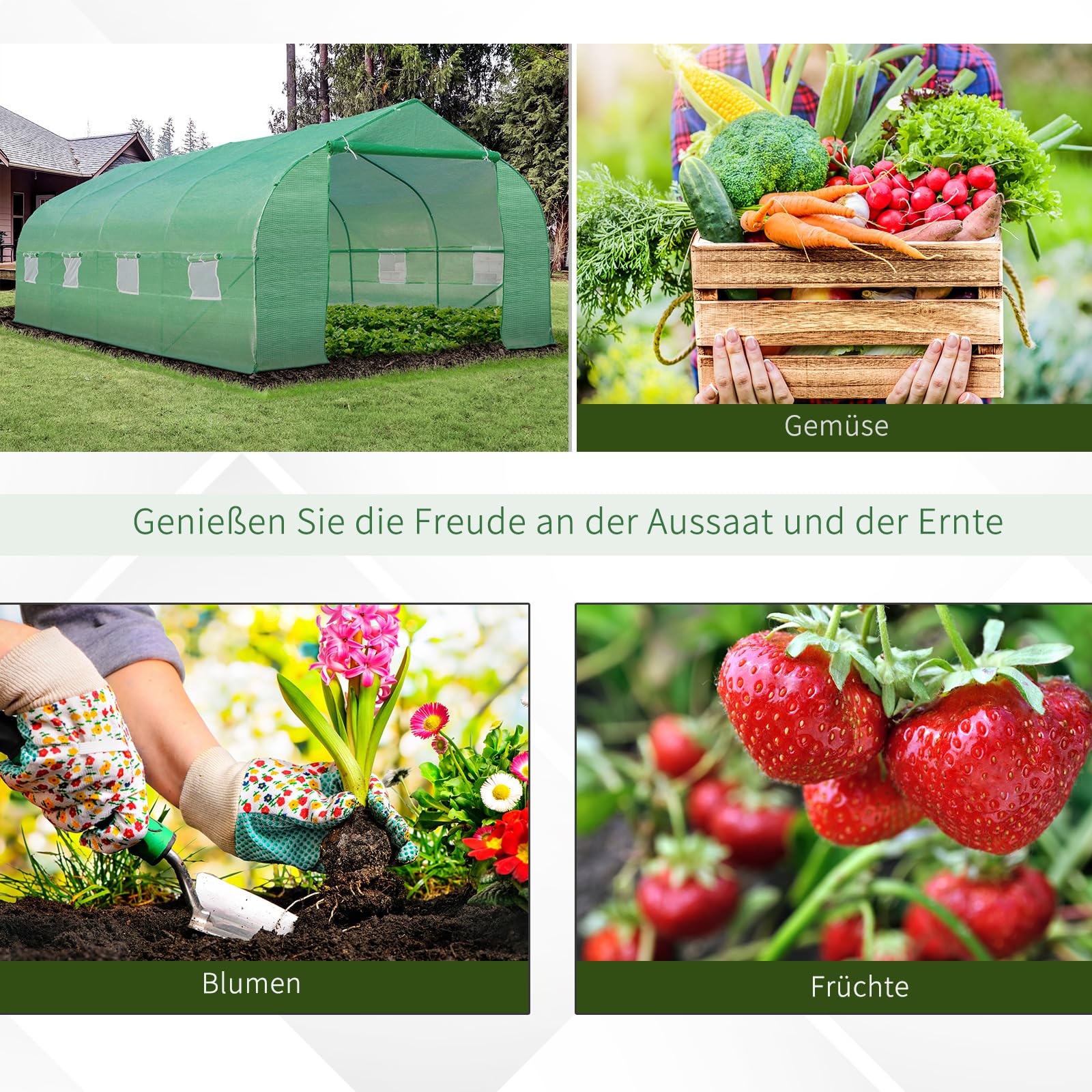 Outsunny Gewächshaus mit Rollbar Reißverschlusstür Foliengewächshaus 6x3x2m | Folientunnel mit 8 Netzfenster Stützstangen UV-beständig Winterfest Tomatenhaus, Grün