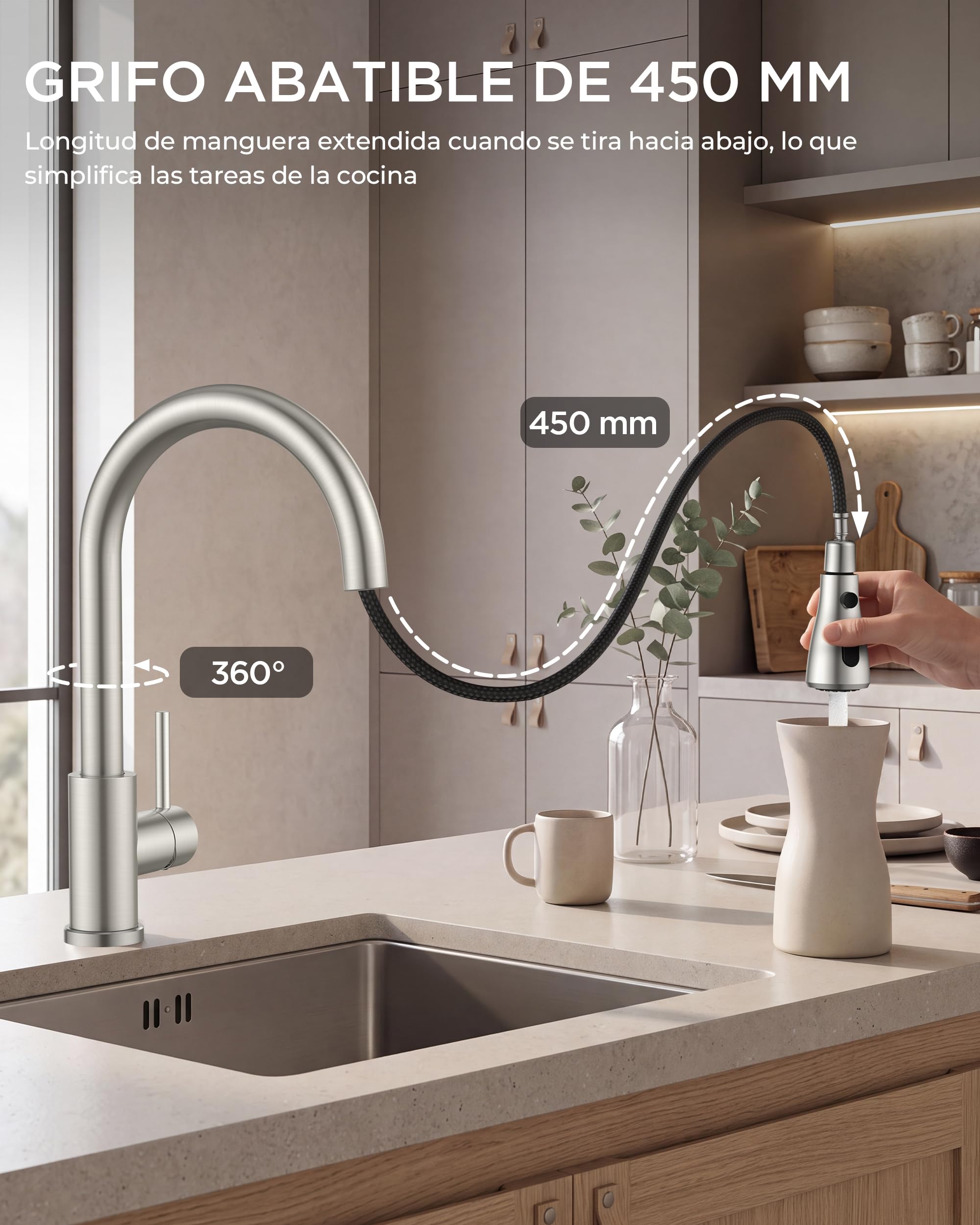 FORIOUS Grifo Cocina Extraíble Baja Presión, 2 Modos de Agua, Grifo Cocina Fregadero con 3 Conexiones para Calentador o Bajo Fregadero, Giro 360°, Acero Inoxidable, Palanca