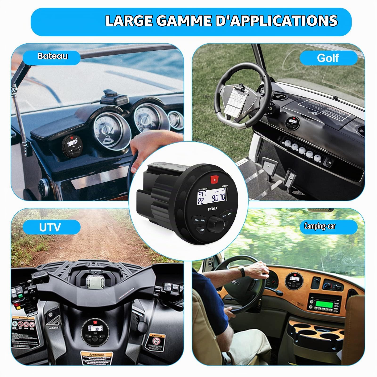 Vélex Récepteur stéréo étanche Bluetooth marine avec lecteur MP3, DAB+/AM/FM et USB pour streaming de musique sur bateau, golf carts, ATV/UTV et spa/hot tubs