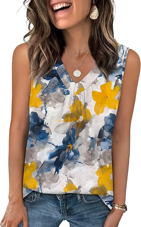 OFEEFAN Tank Top for Women Loose Fit Sleeveless Shirts V Neck Summer Clothes Ruched Women's Tees and Tanks Curved Hem