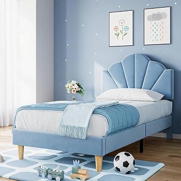 IDEALHOUSE Twin Bed Frame, Velvet Upholstered Platform Bed Frame with Height Adjustable Headboard for Boys & Girls, Wood Slat Support, Easy to Assemble, No Box Spring Needed, Light Blue