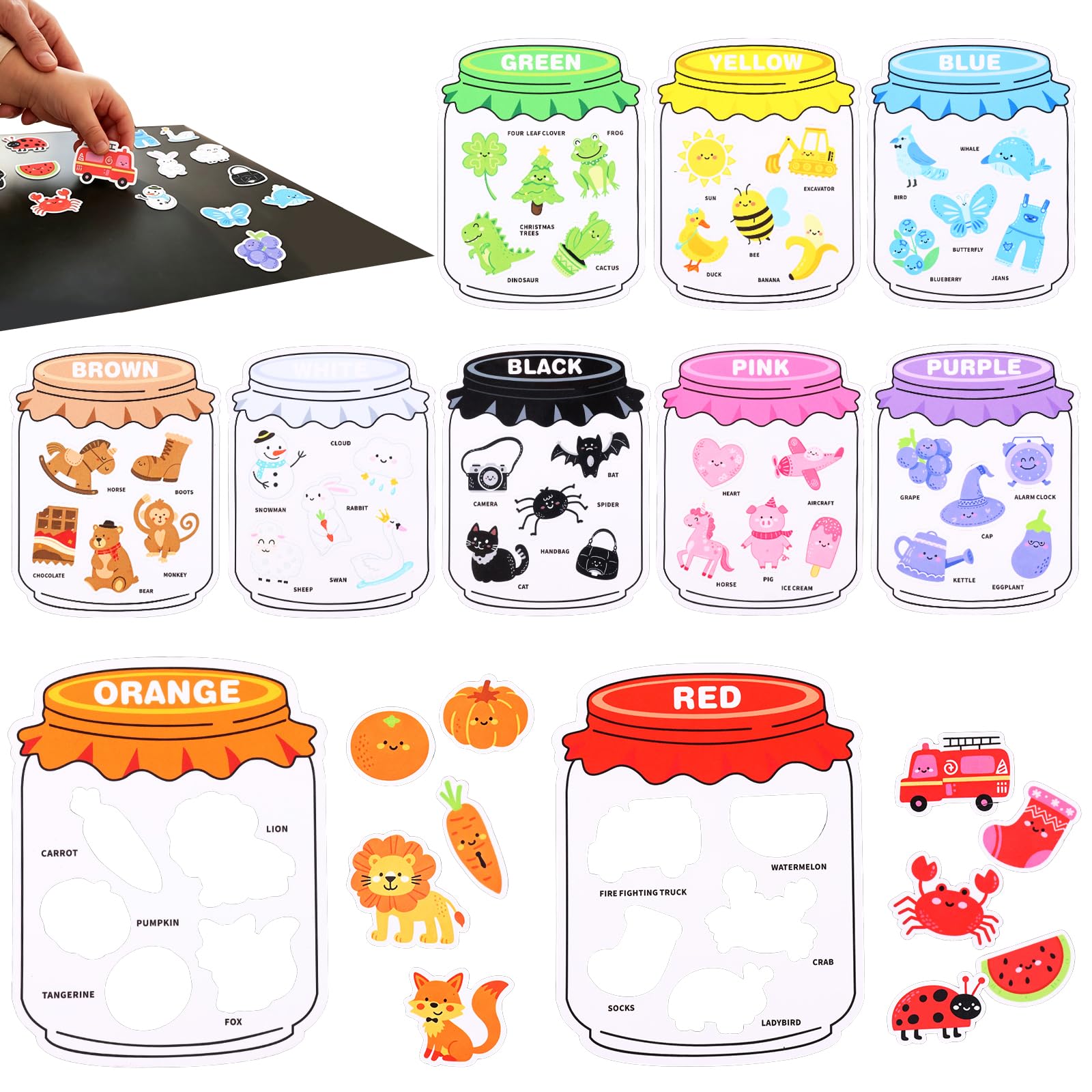 10 Pcs Magnetic Colour Sorting Toys, Fridge Magnets for Kids with 10 Jars & 50 Learning Shapes, Montessori Educational Kids Fridge Magnets Set for Whiteboard, Toddler Toys Age 2-6
