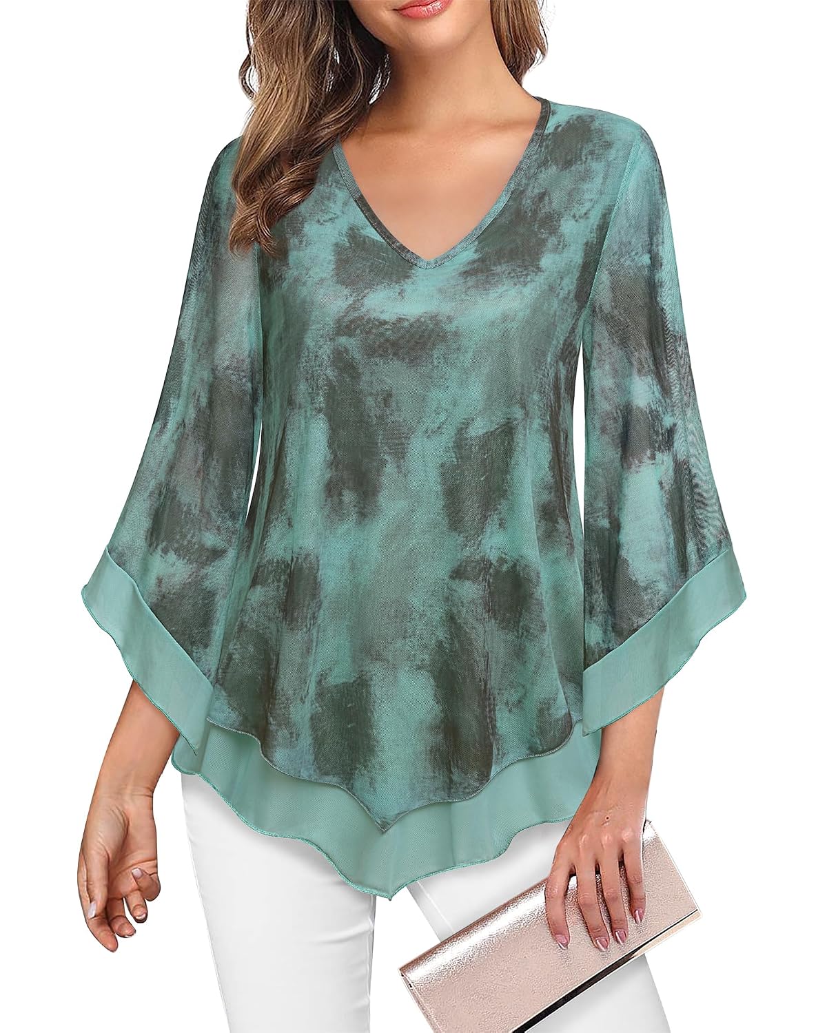 Lotusmile Womens Dressy Blouse Double Layers Mesh Shirt Ruffle 3/4 Flared Sleeve Tunic Tops - Review, Price and Buying Guide