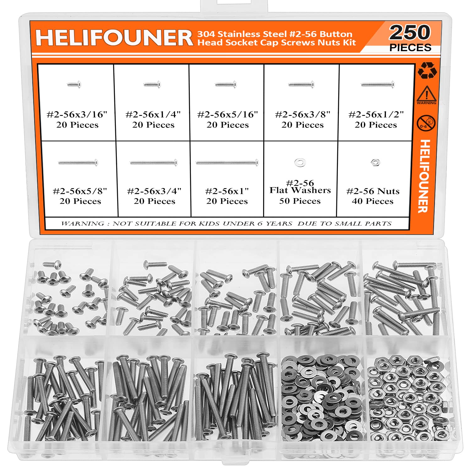 HELIFOUNER 250 Pieces #2-56 x 3/16" 1/4" 5/16" 3/8" 1/2" 5/8" 3/4" 1", Button Head Socket Cap Screws Bolts Washers Nuts Kit, Coarse Thread, Fully