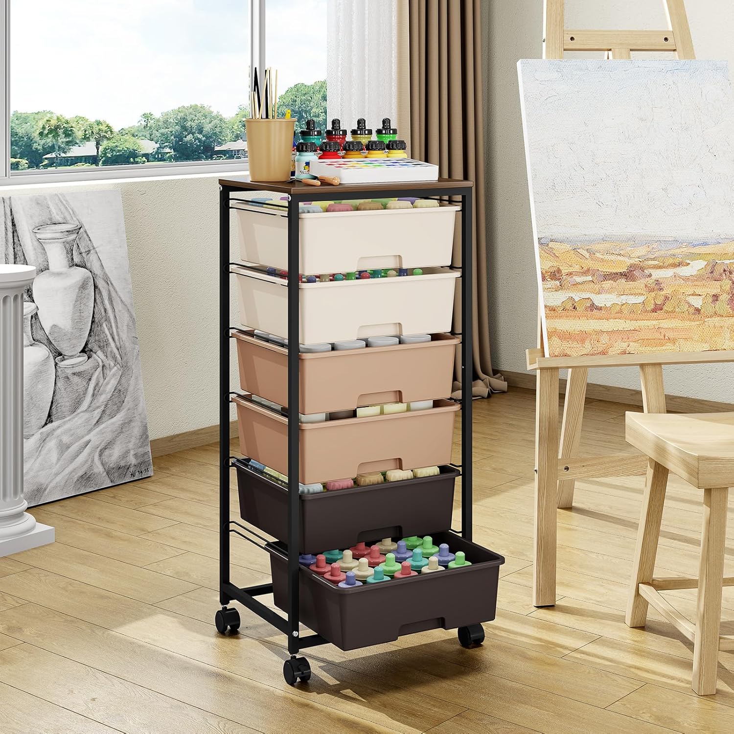 Rolling Storage Cart with 6 Drawers and Wooden Tabletop, Lockable Wheels Utility Cart for Art Studios, Office Supplies & Craft Room Organization (Brown)