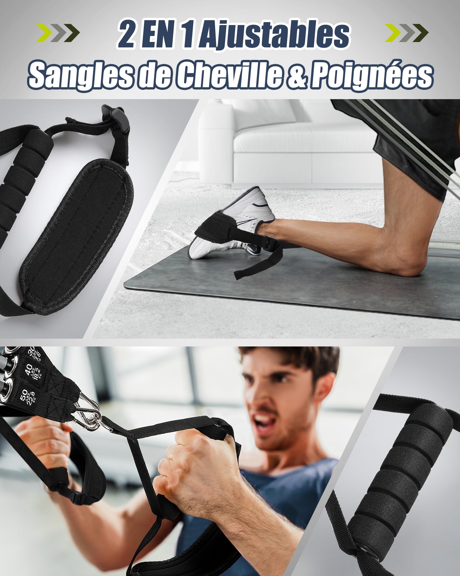 ALongSong Elastiques de Musculation Barre de Pilates avec 6 Bandes de Résistance Élastique 240LBS/360LBS Ancrage de Porte Réglable Amovible pour Fitness Yoga Étirement Squat