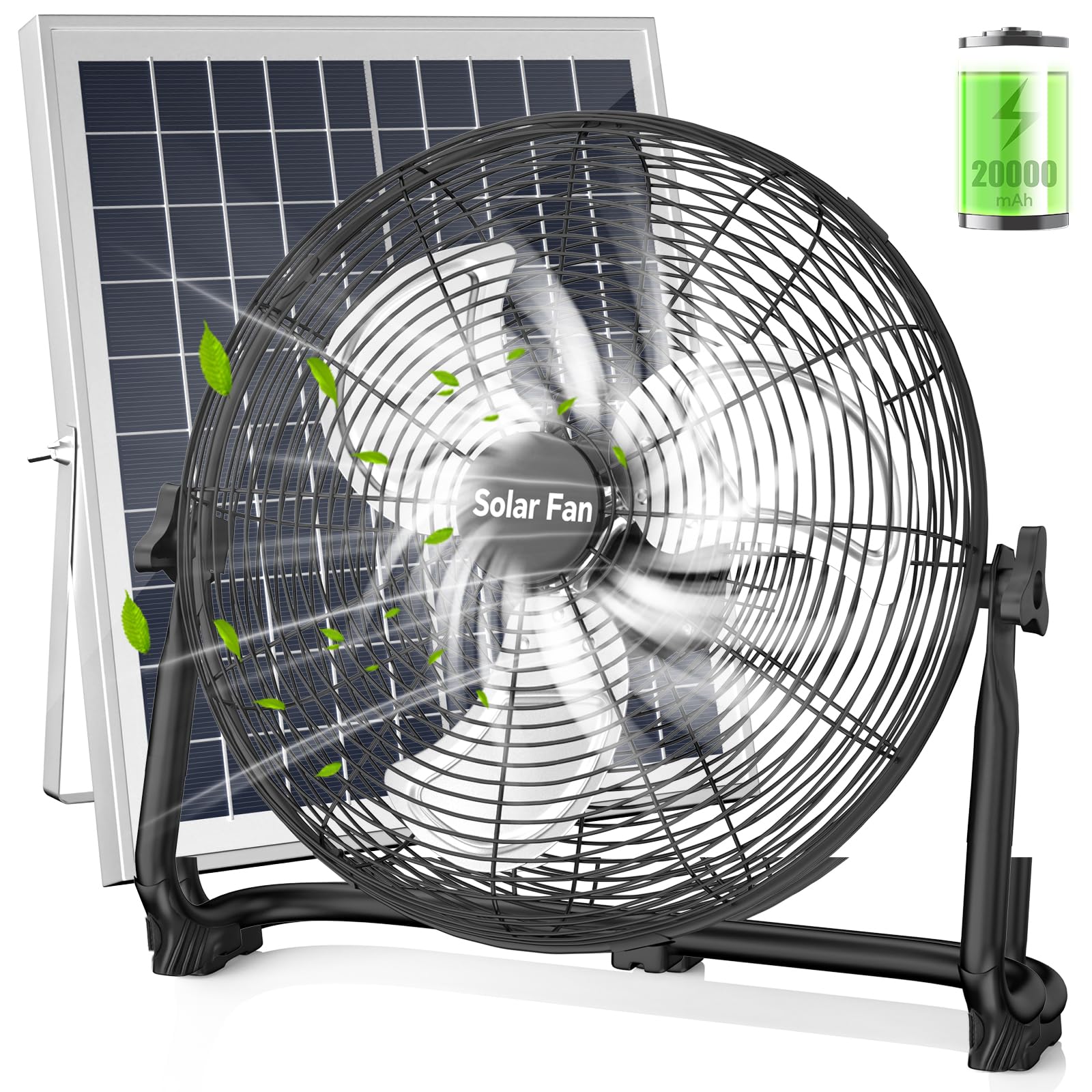 Solarbetriebener Ventilator – 40,6 cm hohe Geschwindigkeit, wiederaufladbarer, kabelloser Bodenventilator mit 60-Stunden-Batterie, Solarpanel/AC-Ladung, tragbarer Outdoor-Metall-Industrieventilator