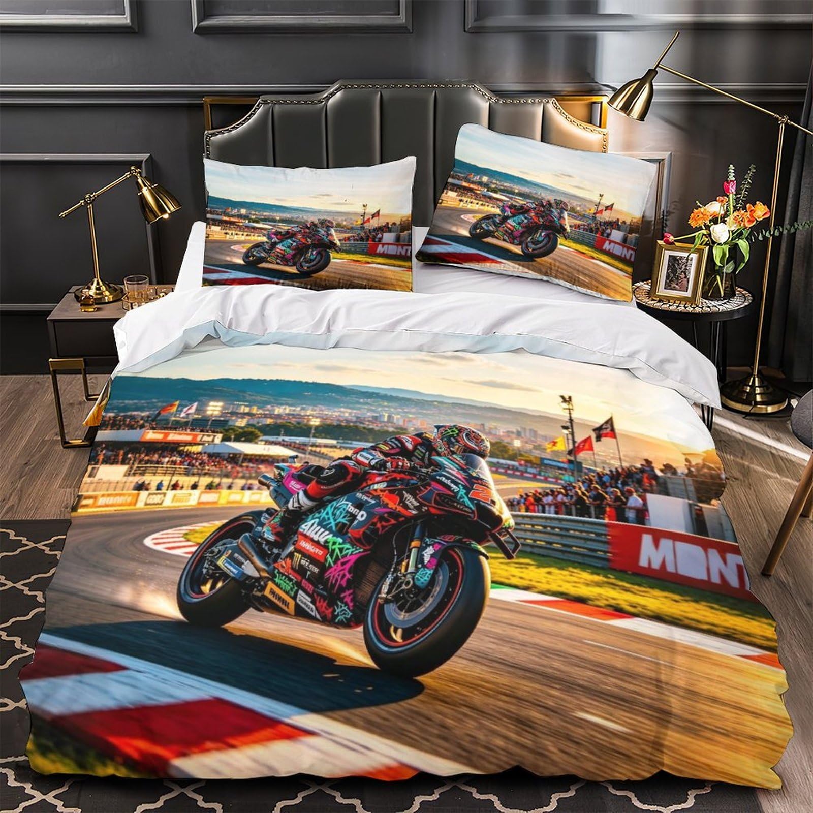DAFUfbw Breathable Motor Road Racing Design Duvet Cover Set with Hidden Zipper, Double（200x200cm） Motorcycle Race Quilt Cover Set with Pillowcases, Soft Motorcycle Race Theme Bedding Set