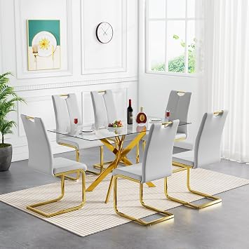 Glass Dining Table Set for 6, 7-Piece Modern Kitchen Table Set | 52Rectangular Glass Dining Set with 6 PU Leather Upholstered Chair, Kitchen Table Chair Set for Kitchen Dining Room