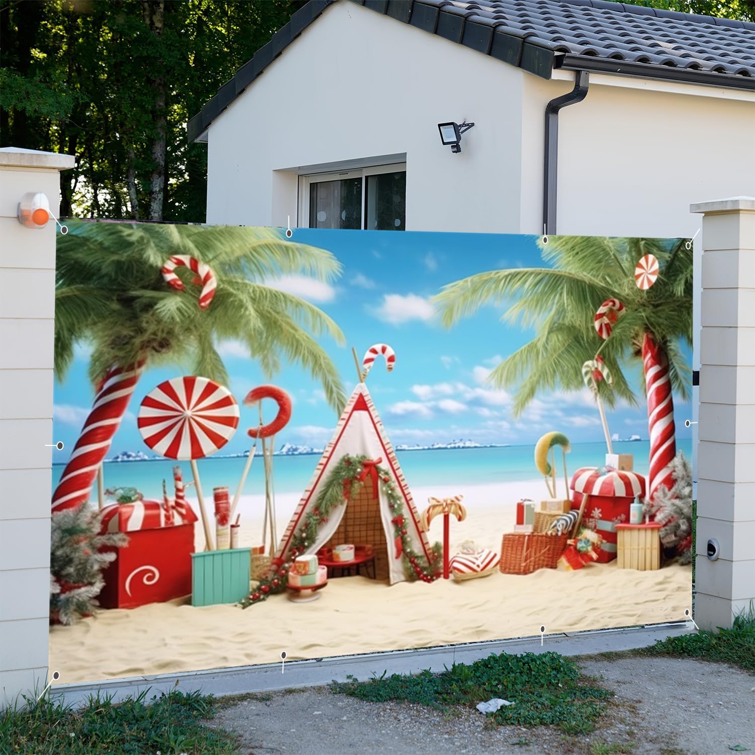 Christmas Garage Door Banner 7x16ft Candy Canes Tropical Hawaiian Beach Garage Door Christmas Cover for 2 Car Large Garages Decorations Family Holiday Xmas Party Supplies Home Decor