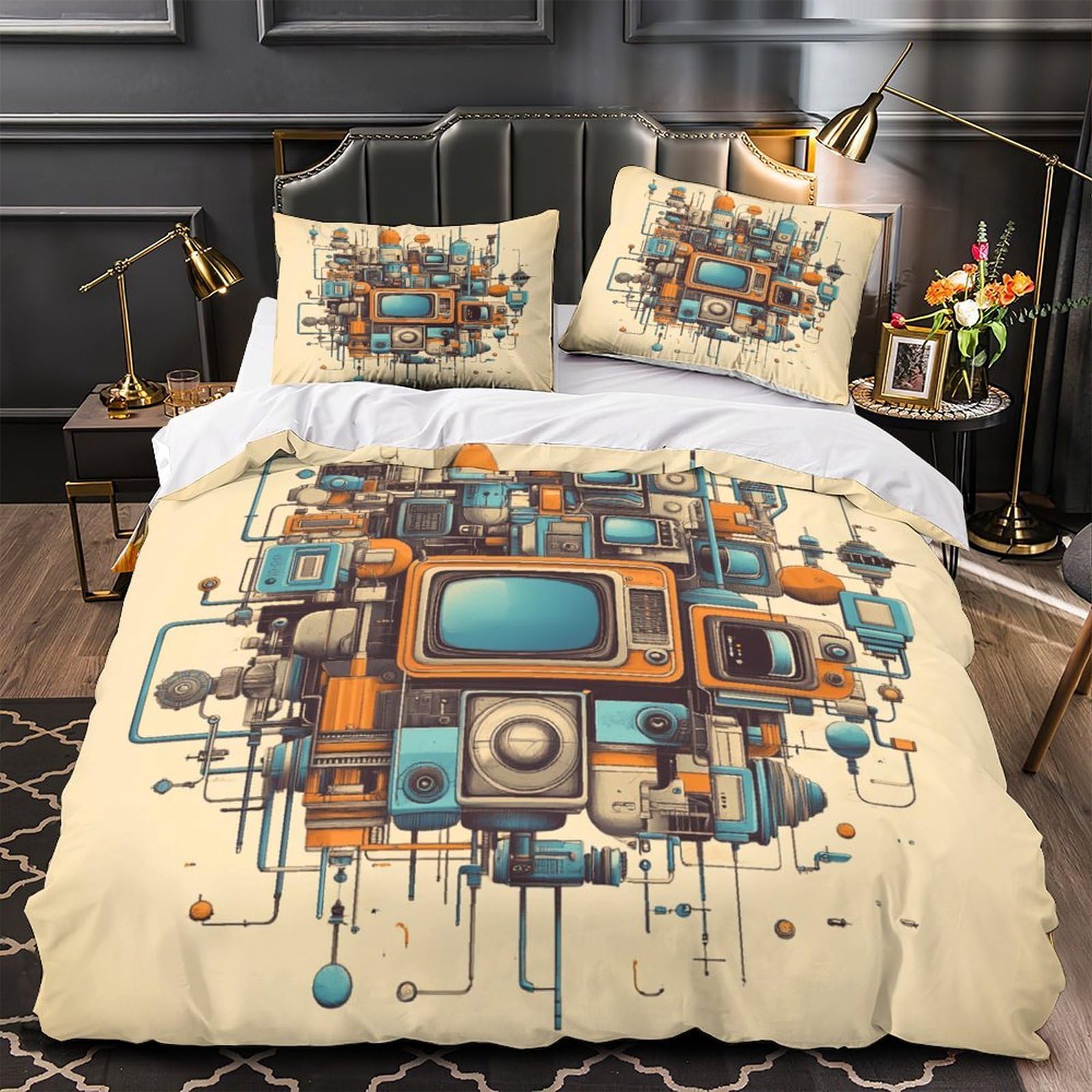 Retro TV gadgets 3D Pattern Duvet Insert Cover 3pc Premium Microfibre Light Steampunk tech design Quilt Cover 2 Pillowcases Concealed Zipper Bedroom Decor Teens Young Adults Single（140x200cm）