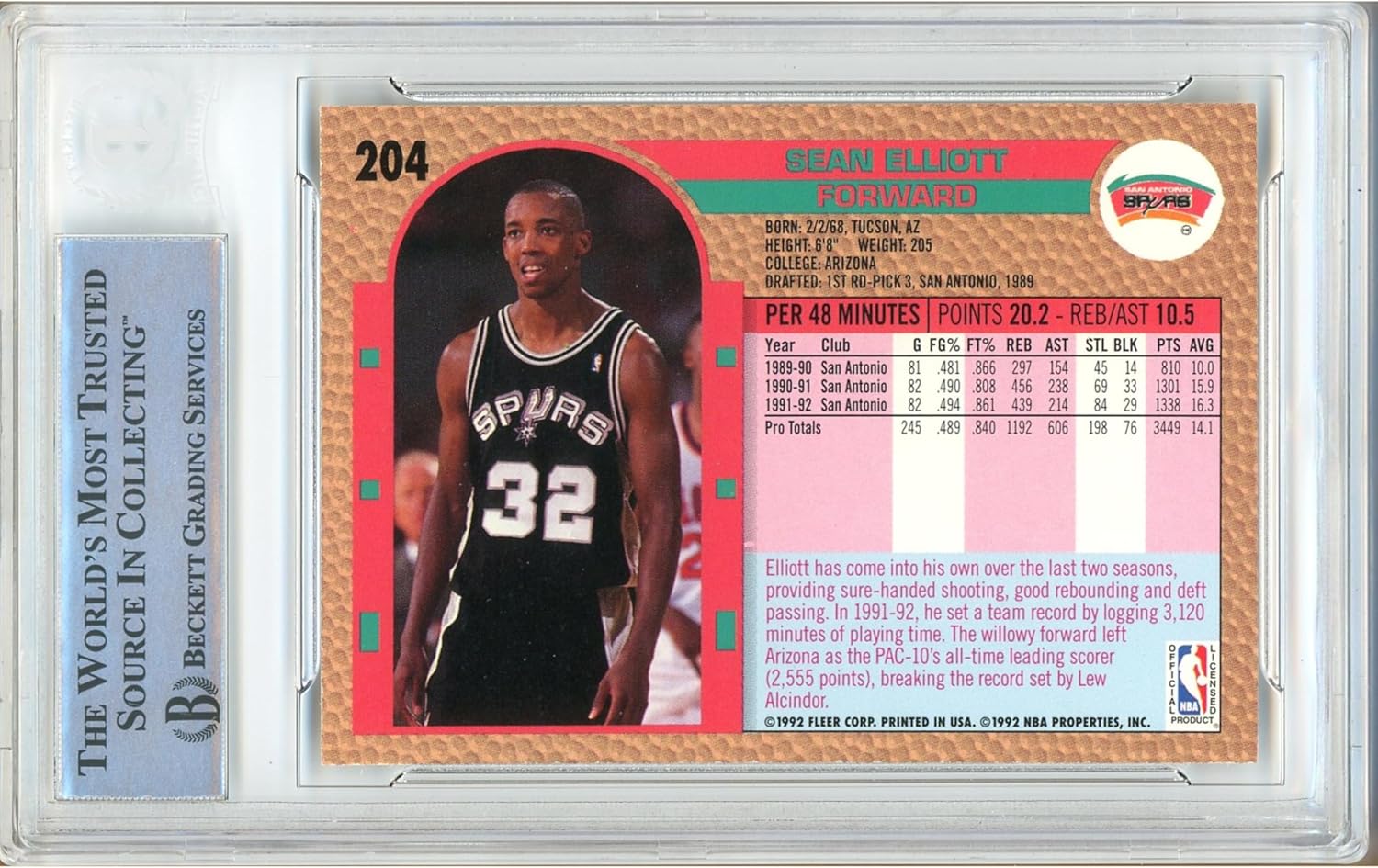 Sean Elliott Autographed 1992 1993 Fleer #204 Basketball Trading Card Slab Beckett BAS Authentic Slabbed COA Played For San Antonio Spurs NBA