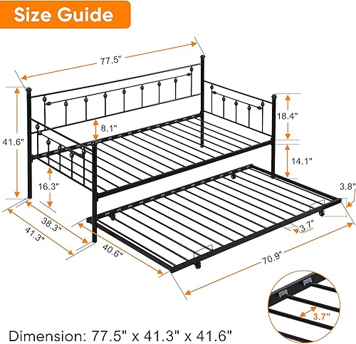 Miniatura 8 de Marco de sofá cama de metal con nido, camas de día con nido extraíble, sofá cama para niños con soporte de listones de acero para sala de estar,
