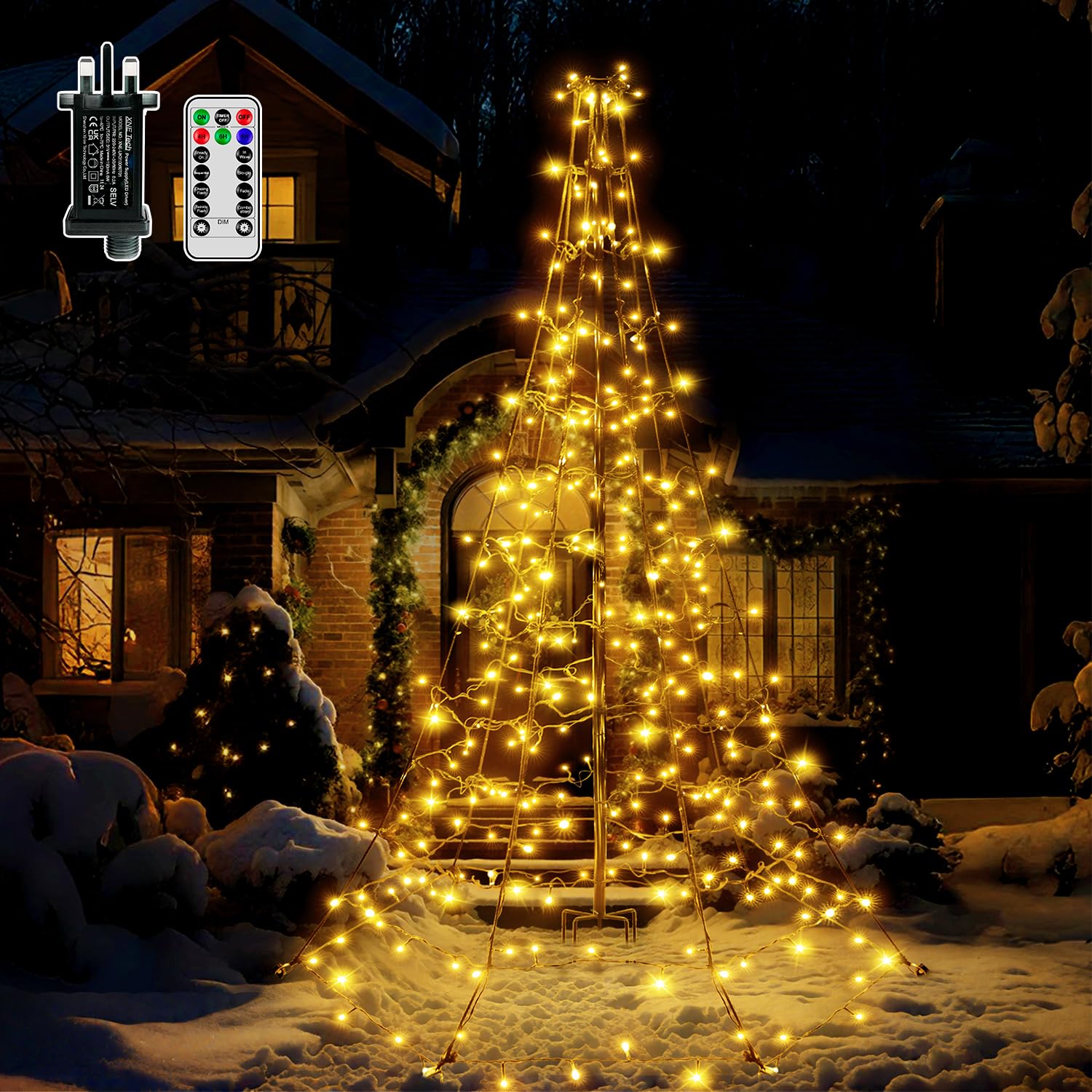 Hopexy 202 LEDs Christmas Tree Lights, 1.8m Outdoor Fairy Lights with Black Cable, IP44 Waterproof Christmas Tree with Pole, 8 Modes Timer String Light for Garden Yard Xmas Decorations(Warm White)