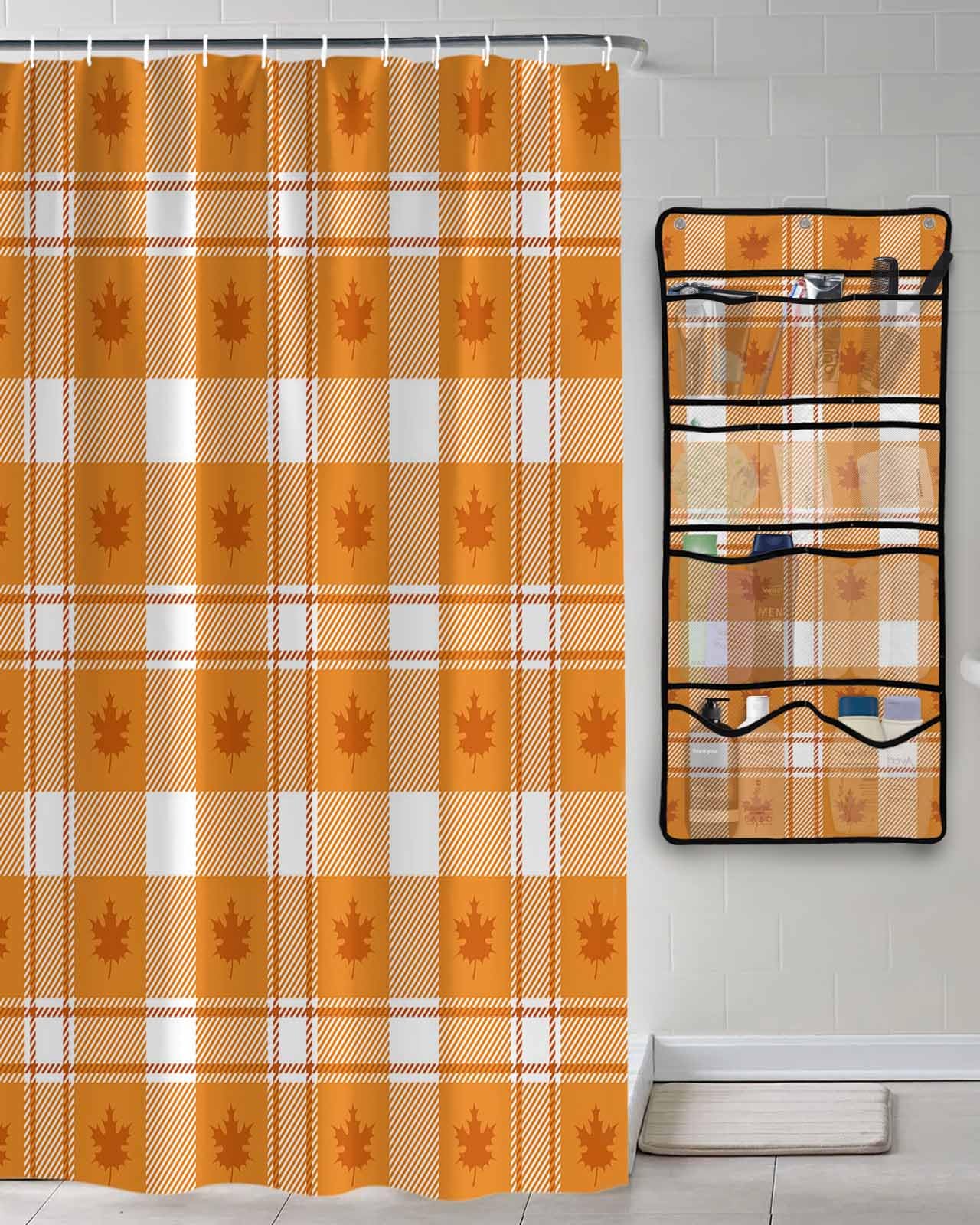 Shower Curtain Mesh Shower Organizer Hanging Set Thanksgiving Rustic Farmhouse Orange Lattice Waterproof Shower Curtains with 10 Pockets