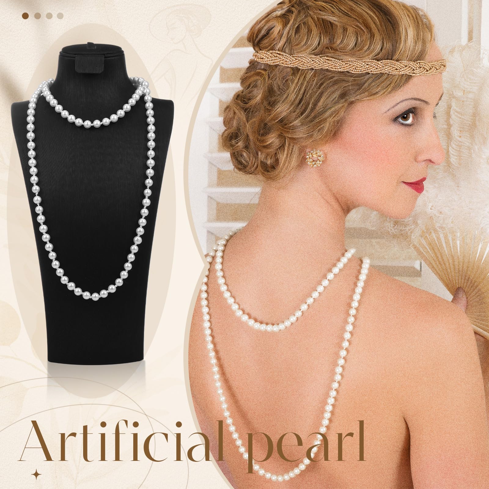 2 Pack Long Pearl Necklace for Women 1920s Costume Jewelry White Faux Pearls Strand Beads for Ladies