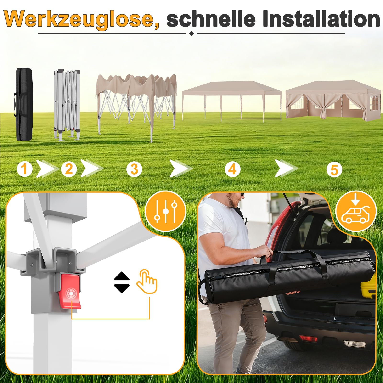 JUMMICO Pavillon 3x6 Wasserdicht Stabil Winterfest | Höhe Verstellbar,Faltpavillon mit 6 Seitenwänden,UV Schutz 50+,Gartenpavillon Faltzelt für Garten, Innenhof,Gazebo Beige