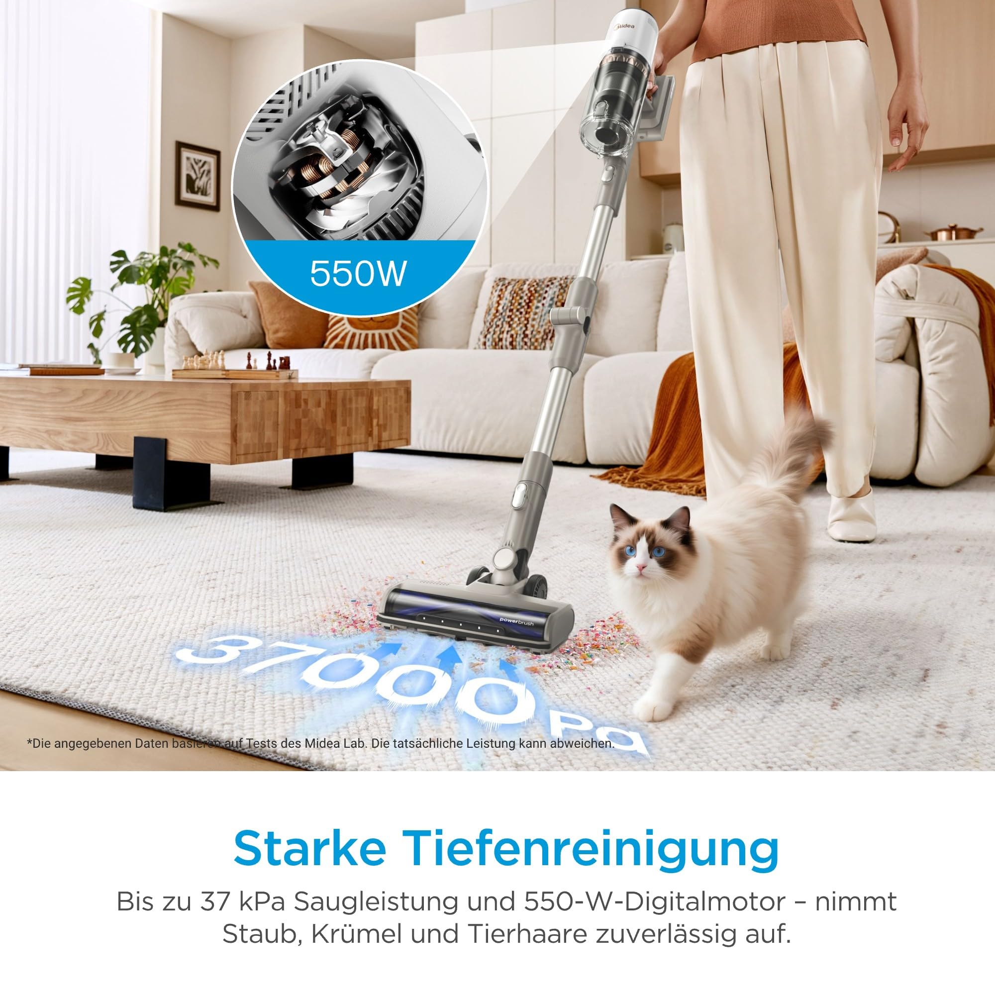 Midea P9 Akku Staubsauger, kabelloser Stielstaubsauger 550 W, bis zu 37 kPa, bis zu 60 Min. Laufzeit, Sense+React, HEPA-Filter, LED-Display, Flexibles Saugrohr, Handstaubsauger, Tierhaare
