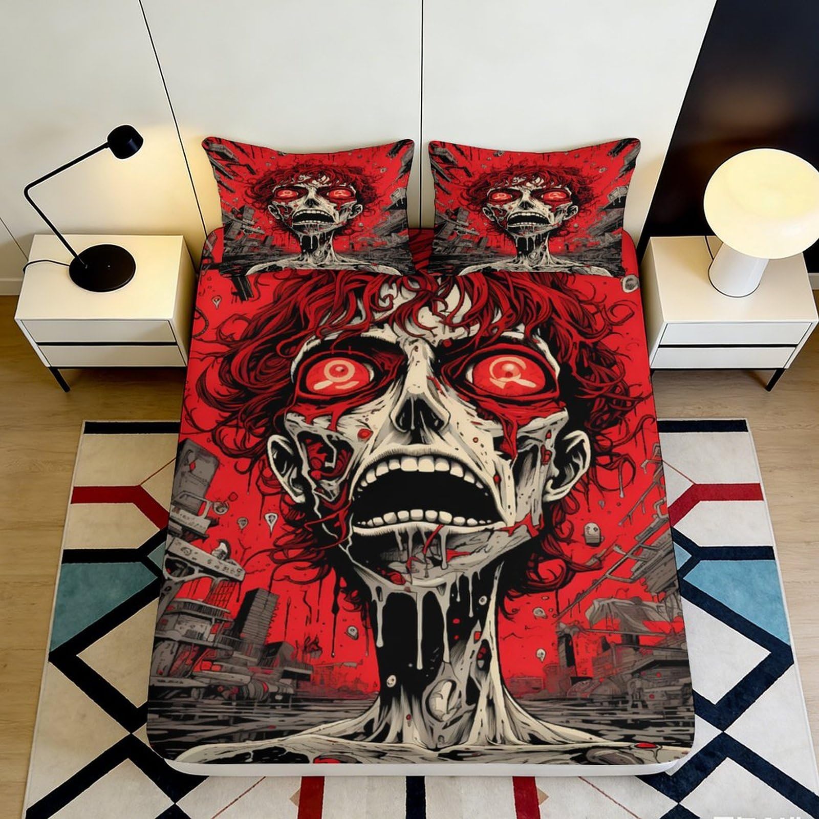3D Printed Gothic Skull Fitted Sheet Microfiber Deep Pocket Bedroom Bedding Skull Mattress Fitted Cover Non-Slip Elastic Hem for Adult 90x200x25cm