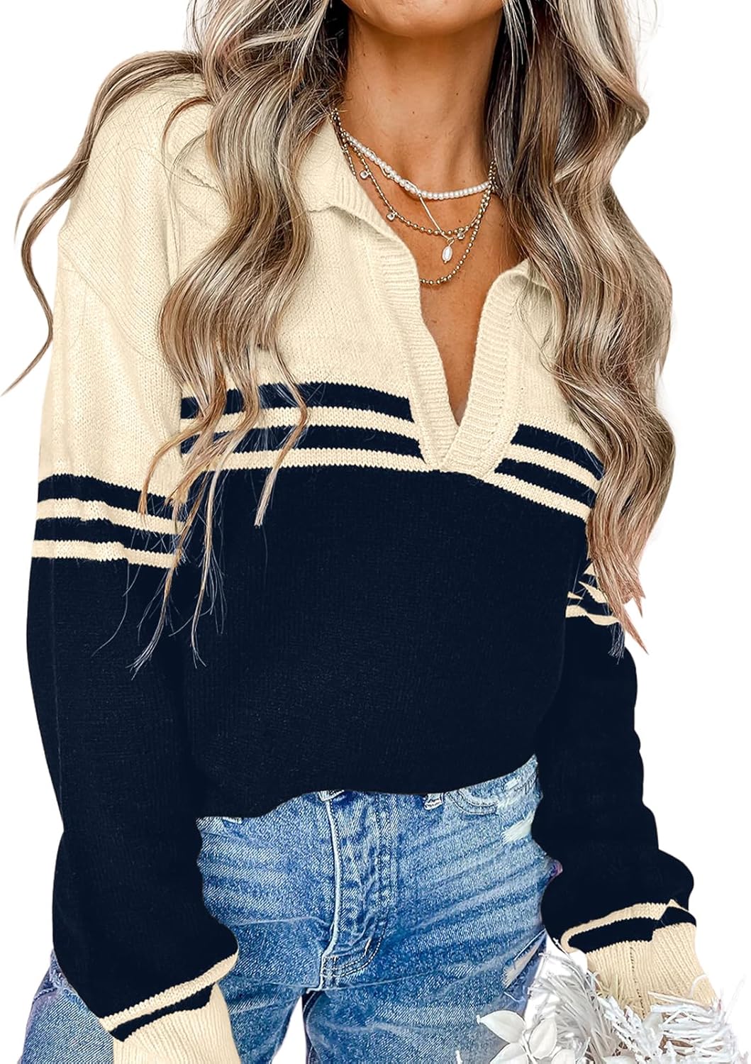 Womens Long Sleeve V Neck Pullover Sweaters Casual Striped Knitted Sweater Jumper Tops - Image 2