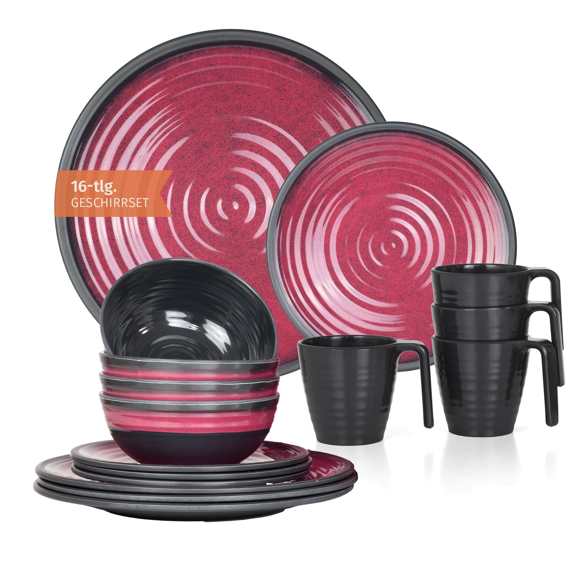 Vaisselle de camping en mélamine pour 4 personnes Rouge pierre + 4 tasses à café en pierre