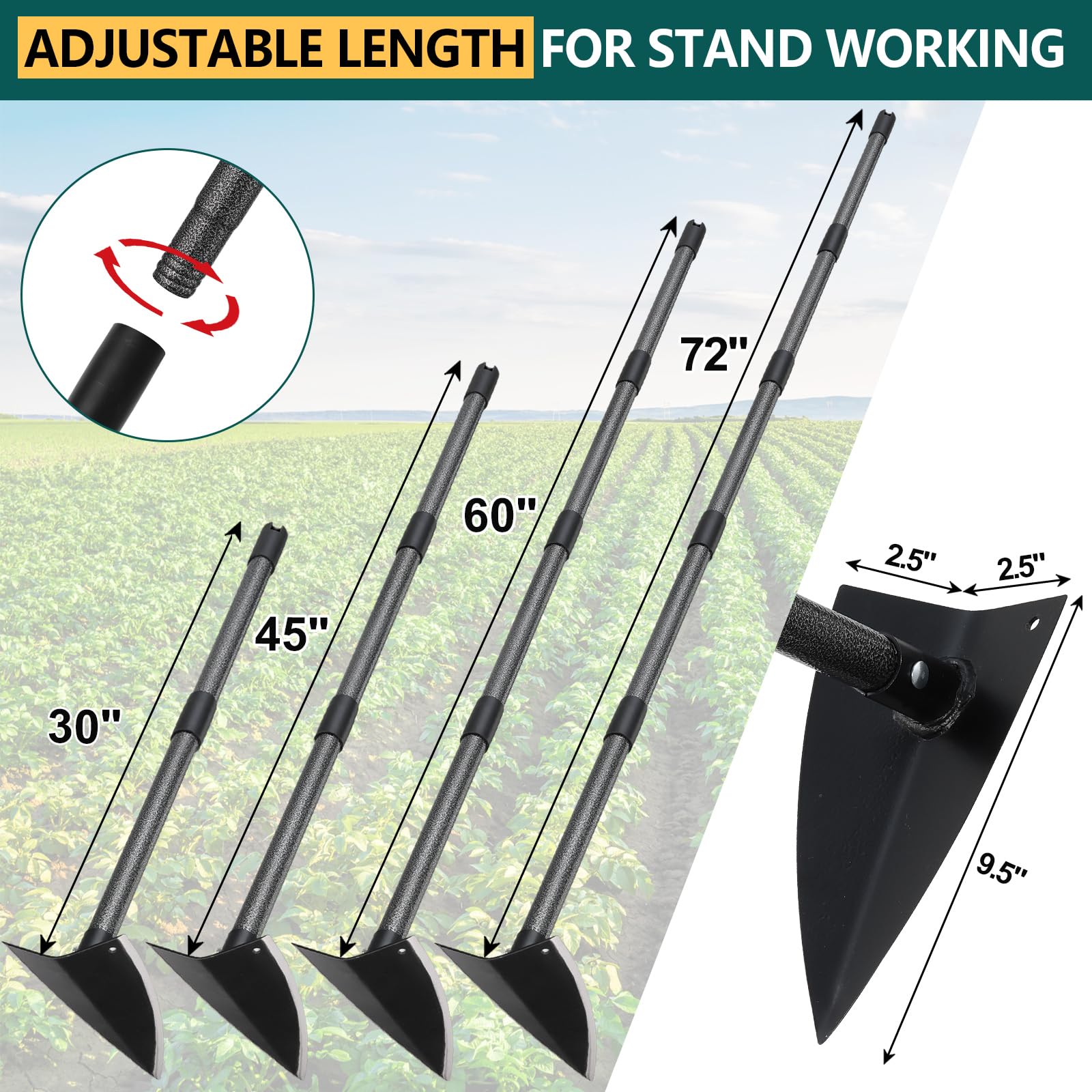 Herramienta de jardín de azada, herramienta de jardinería triangular, mango largo de 72 pulgadas, herramientas manuales de jardinería para desmalezar, excavar, aflojar el suelo