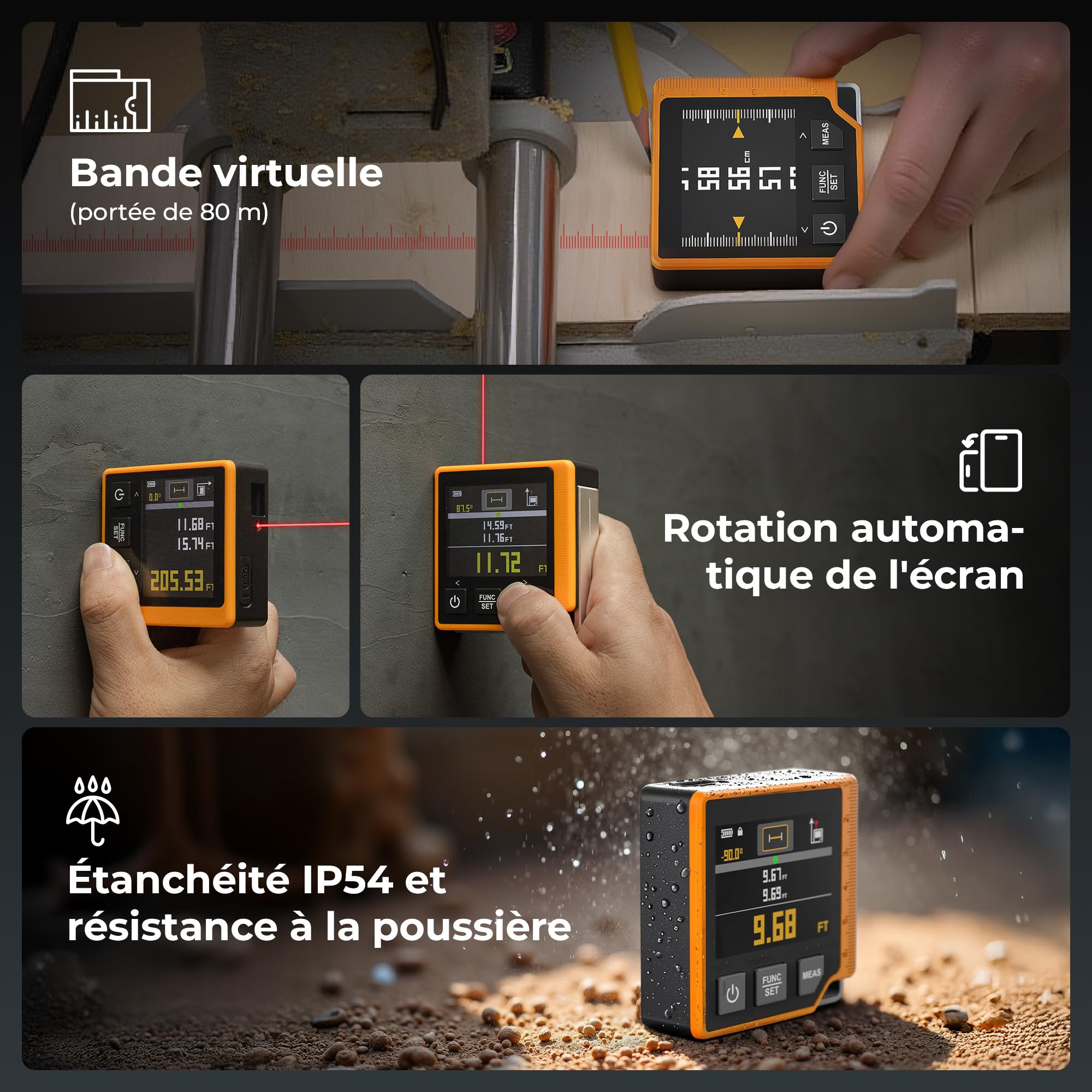 CIGMAN CD80 Télémètre Laser 3-en-1 80m, Mètre Ruban Laser Numérique avec Écran LCD Rétroéclairé | Batterie 1000mAh, Inclinomètre, USB Type-C, Mesure Multi-Mode & Unité | Avec LCD rétroéclairé, bulle électronique, rapporteur, unité M/In/Ft, mètre laser num