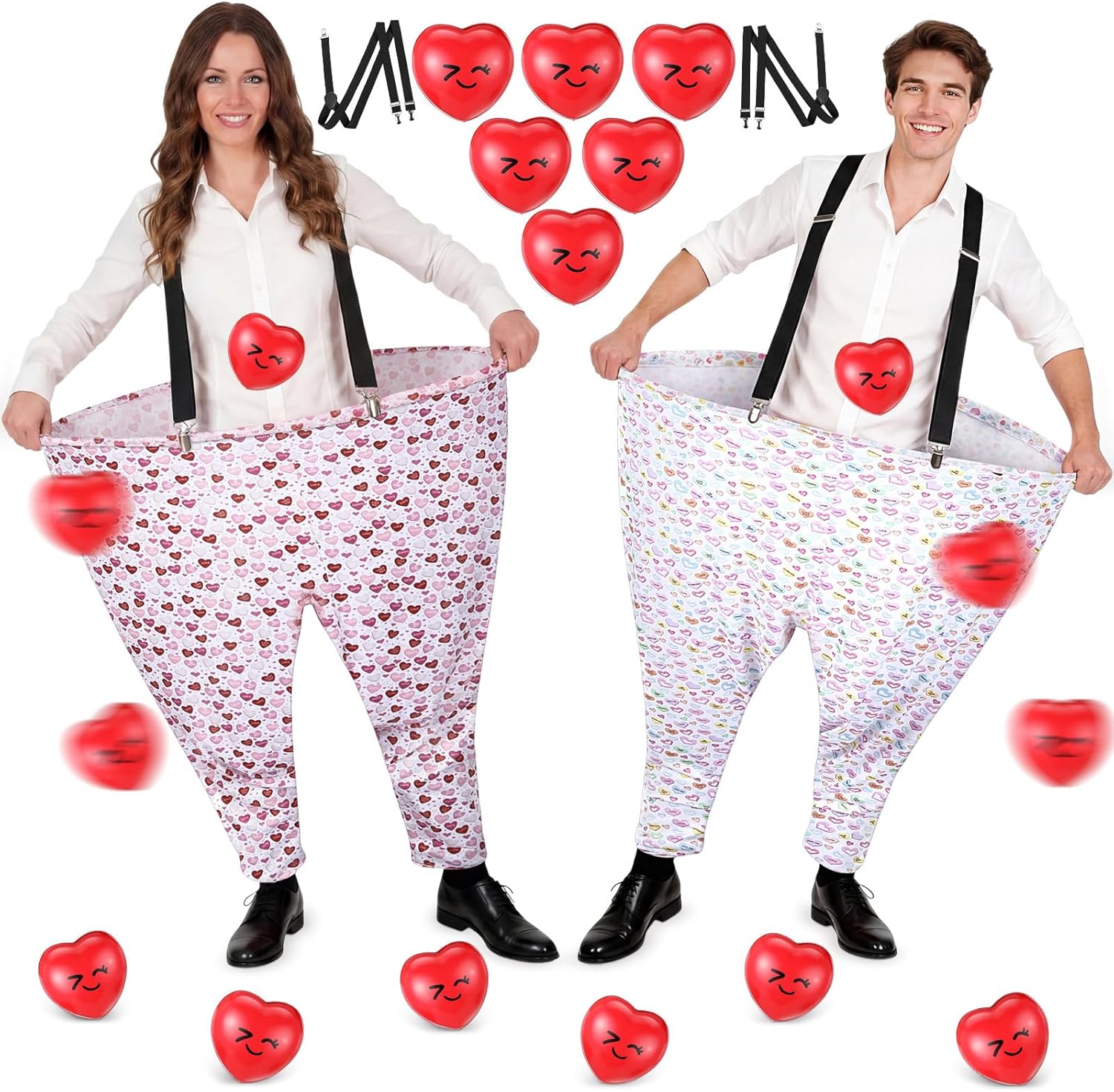 13/26 Pcs Valentine Granny Pant Set, Giant Yard Pant Toss Game with Adjustable Shoulder Strap, Heart Bouncy Ball Pump, Outdoor Party for Adults, Family Reunion Day