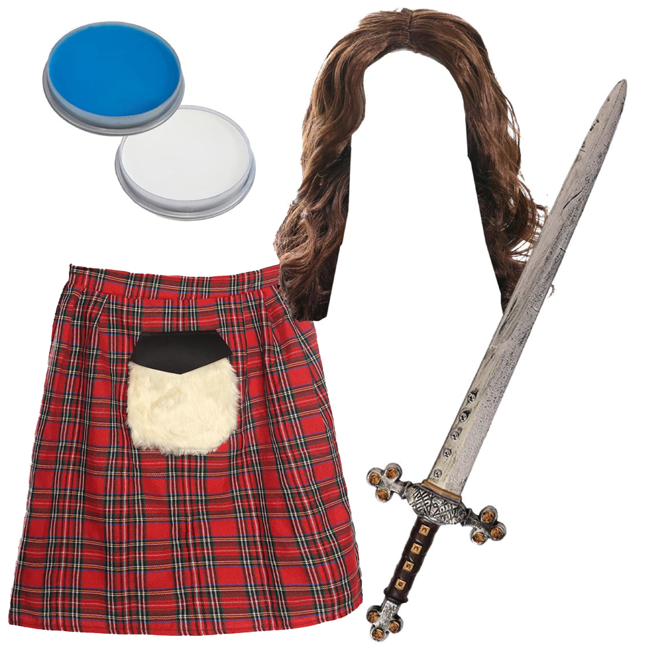 Adults William Wallace Costume - Red Tartan Kilt, Long Brown Wig, Fake Sword, Blue & White Facepaint - Adults Scottish Burns Night Fancy Dress Costume