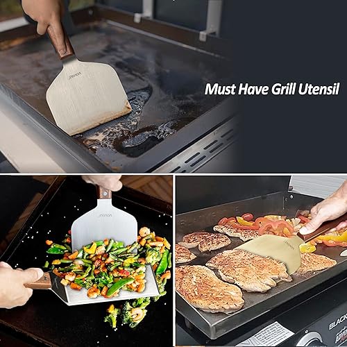 Miniatura 7 de Juego de espátulas de metal de acero inoxidable para plancha, espátula raspadora para parrillaparrilla superior plana, mango de espiga completa,