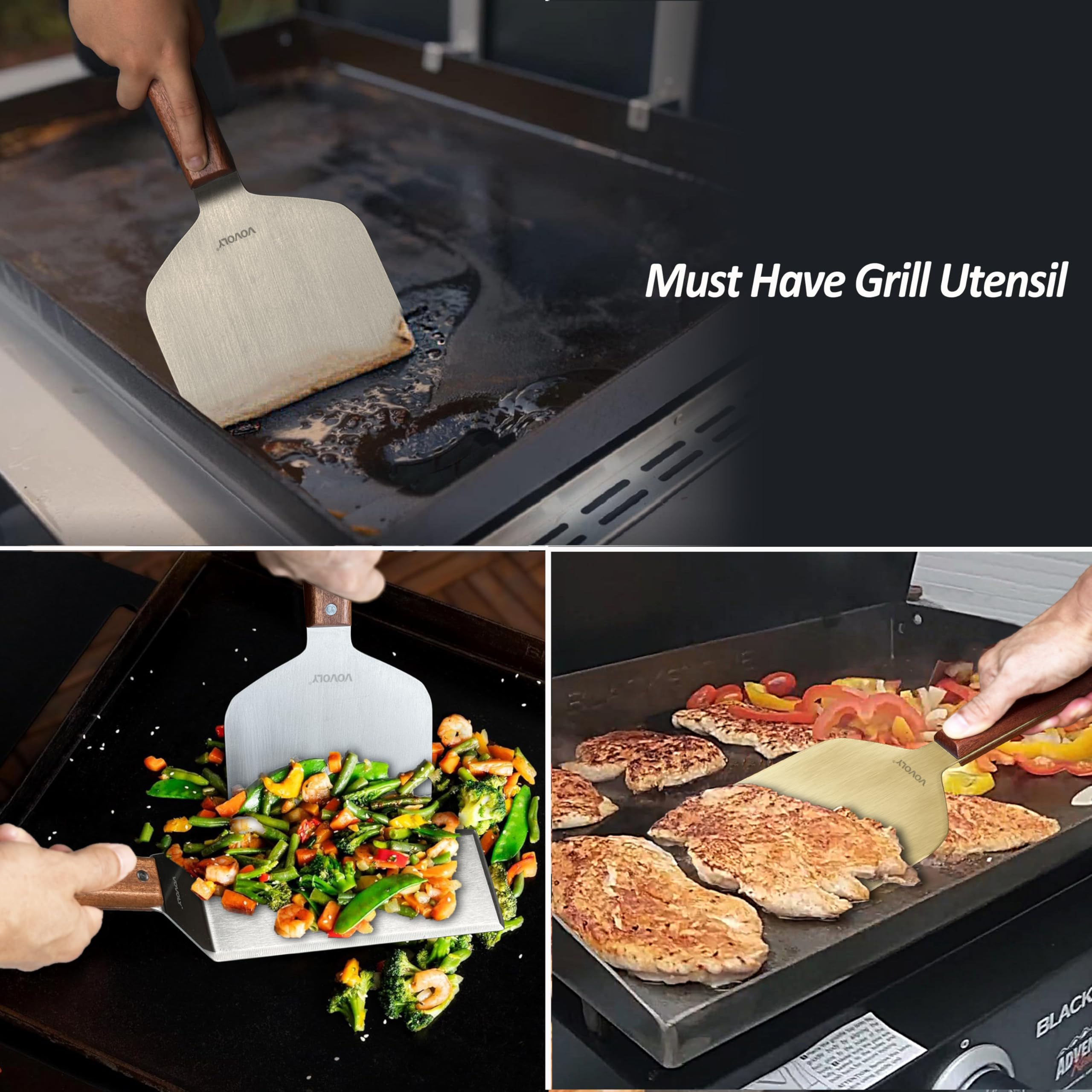 Edelstahl-Metall-Spatel-Set für Grill, Grillspachtel, Schaber für Grill/Flachgrill, voller Griff, verdickte Klinge, abgeschrägte Kanten, tolles Grillzubehör für Pfannkuchen/Burger