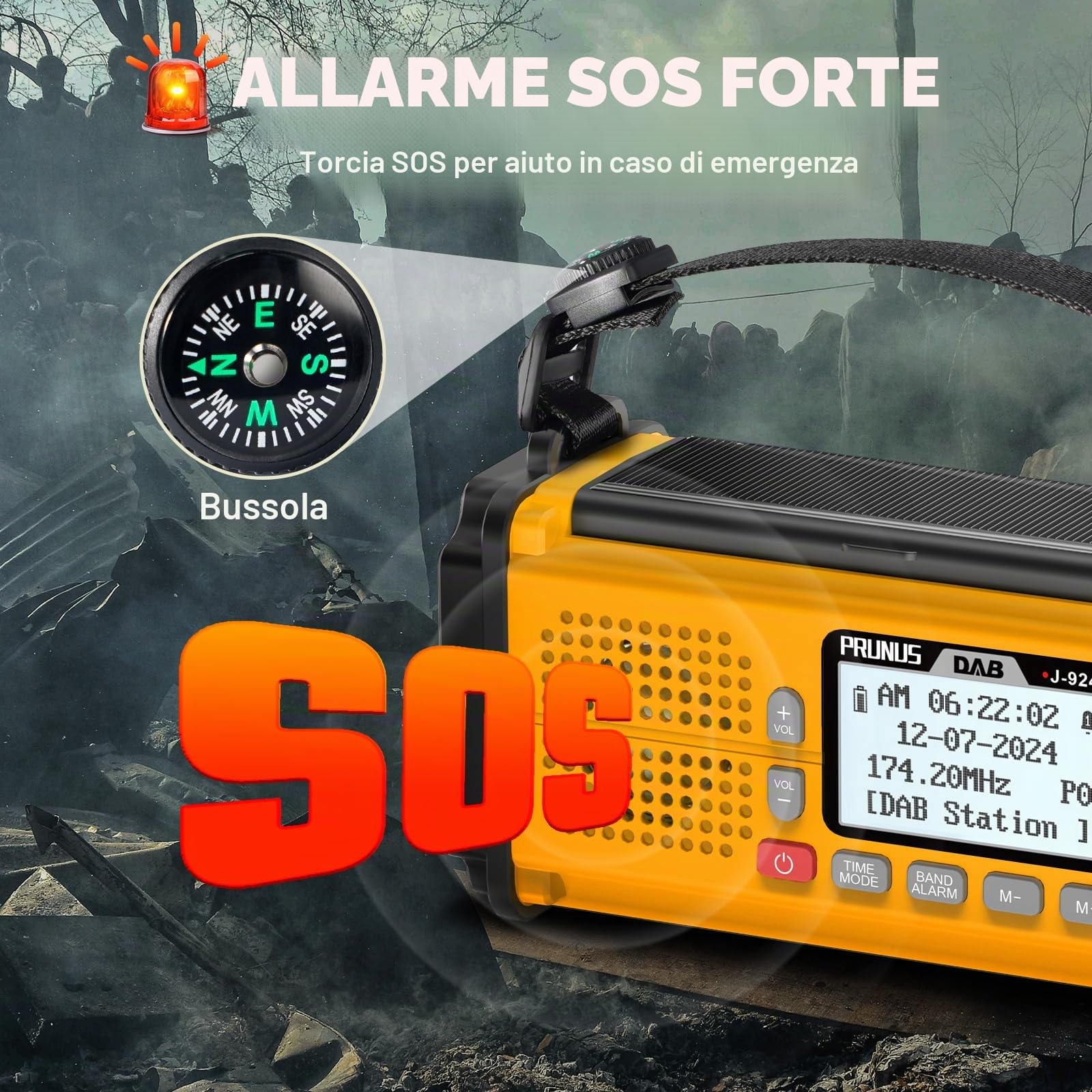 PRUNUS J-924 DAB Radio Portatile Emergenza Solare FM, Radiolina a Manovella Dinamo con Batteria da 10000 mAh, Radio a Pile con Torcia e Luce da Lettura/Allarme SOS per Ourdoor, Emergenza (Giallo)